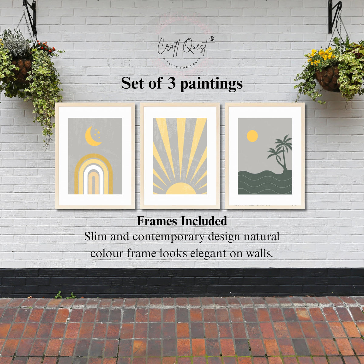 CRAFT QUEST Wall Art Decor Paintings | Set of 3 BOHO Wall Art Frames for Home Decoration | Ideal for Living Room, Bedroom & Offices