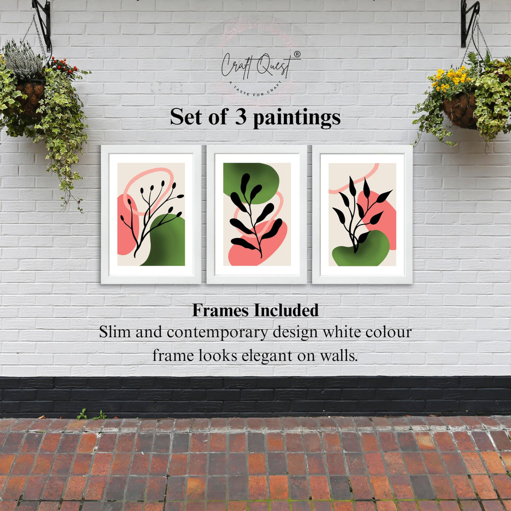 CRAFT QUEST Nature Inspired Abstract Shape & Leaf Wall Art | Set of 3 Frames for Home Decoration | Ideal for Living Room, Bedroom & Offices