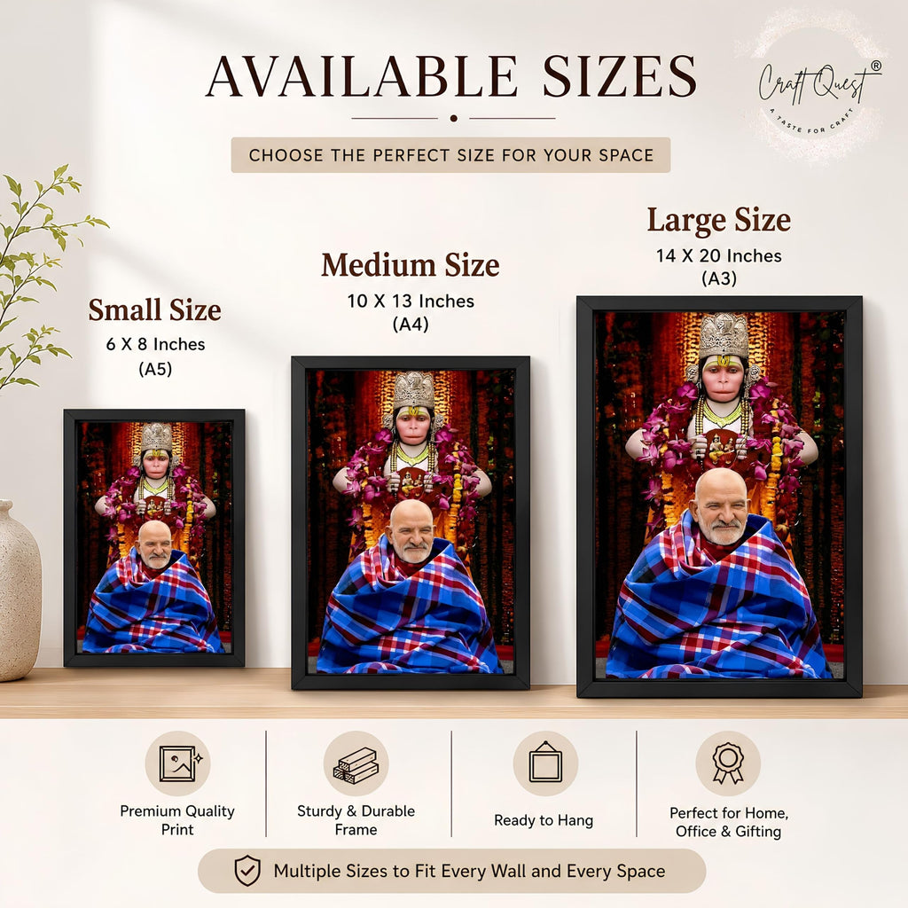 CRAFT QUEST Neem Karoli Baba Maharaj Ji Smiling Portrait Photo Frame for Wall | Spiritual Guru Religious Wall Art | Devotional Photo for Home, Mandir, Puja Room & Gifting