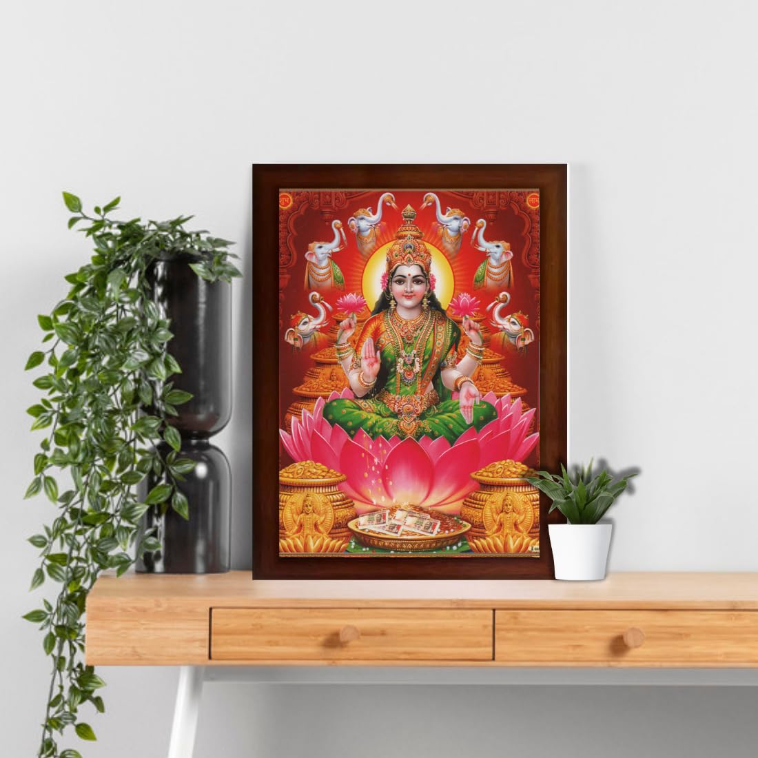 Craft Quest Goddess Lakshmi Devi Dhana Vaibhav Laxmi Maa Wall Painting Framed Home Decor (Synthetic, Matte, Brown, Small Size, 14 X 10 Inch)