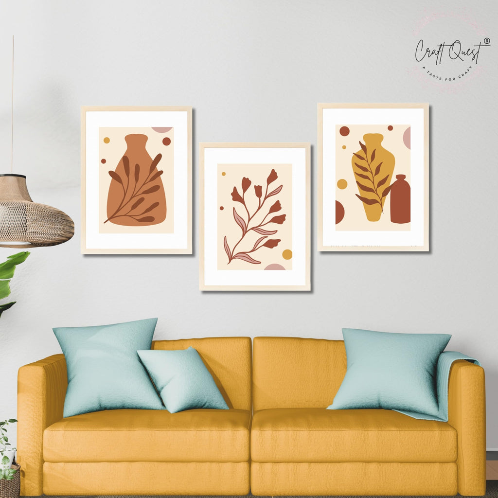 CRAFT QUEST Wall Art Decor Paintings | Set of 3 BOHO Wall Art Frames for Home Decoratio | Ideal for Living Room, Office & Bedrooms