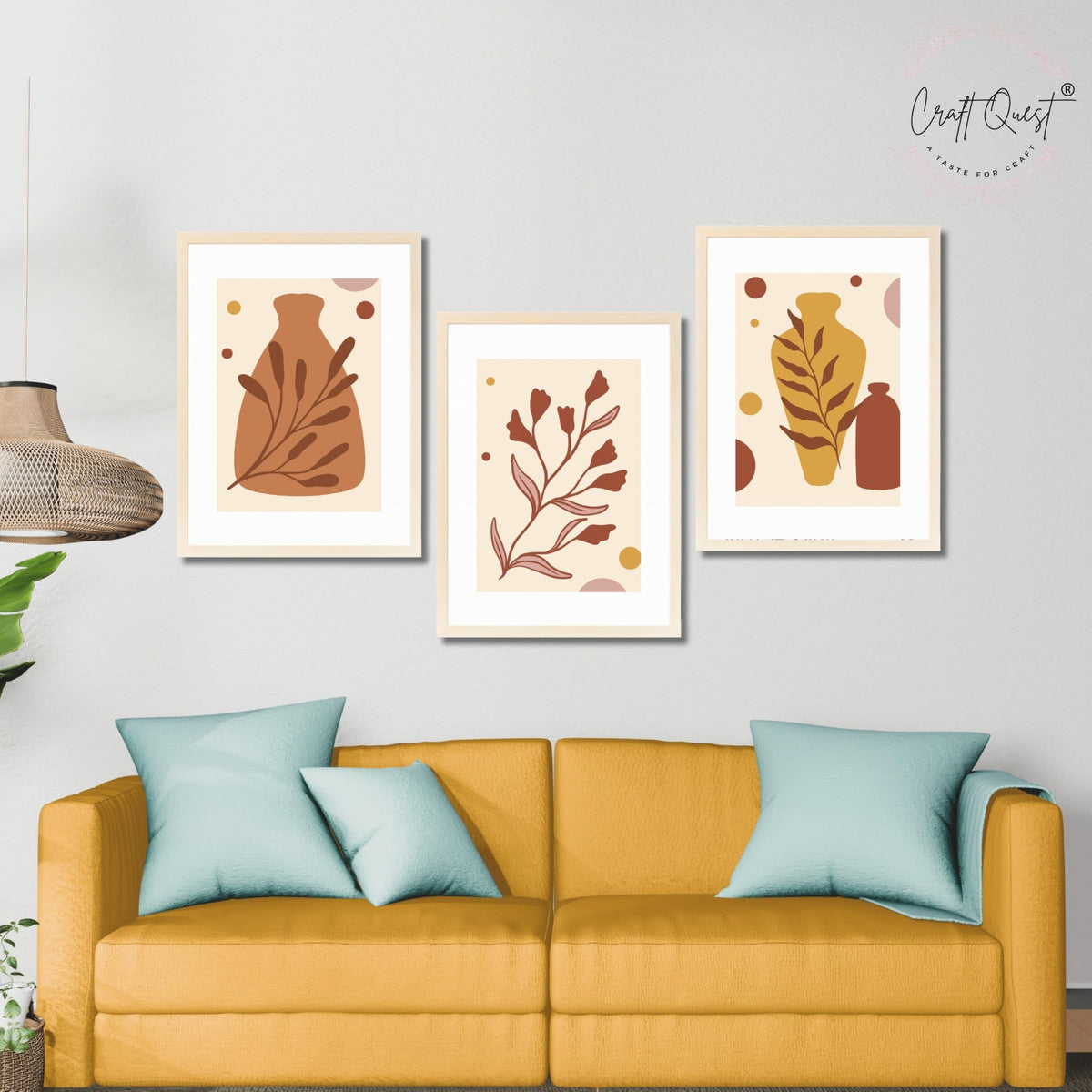 CRAFT QUEST Wall Art Decor Paintings | Set of 3 BOHO Wall Art Frames for Home Decoratio | Ideal for Living Room, Office & Bedrooms