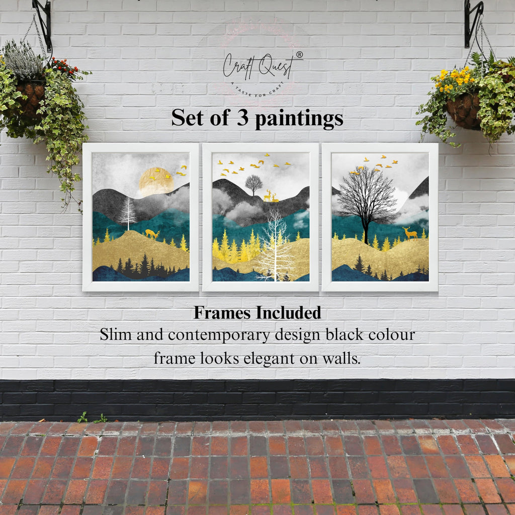 CRAFT QUEST Artistic Composed Abstract Geometric Gold Lines | Set of 3 Frames for Home Decoration | Ideal for Living Room, Bedroom & Offices
