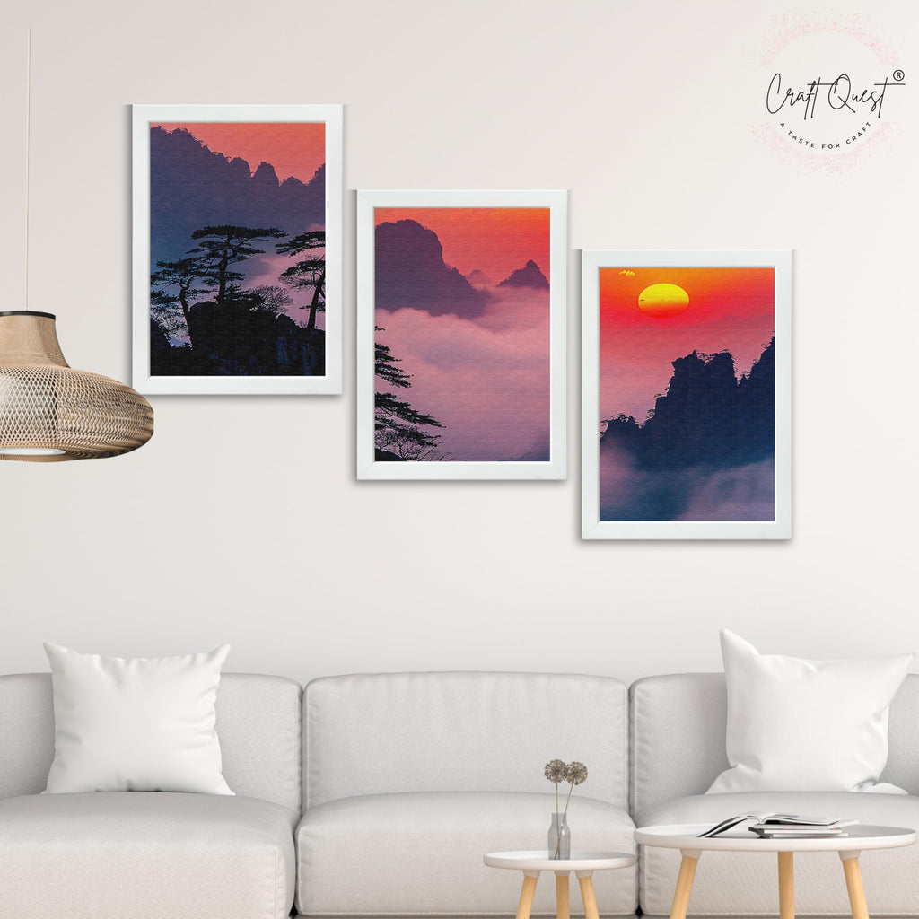 CRAFT QUEST Nature Inspired Mountains & Clouds Wall Art | Set of 3 Frames for Home Decoration | Ideal for Living Room, Bedroom & Offices
