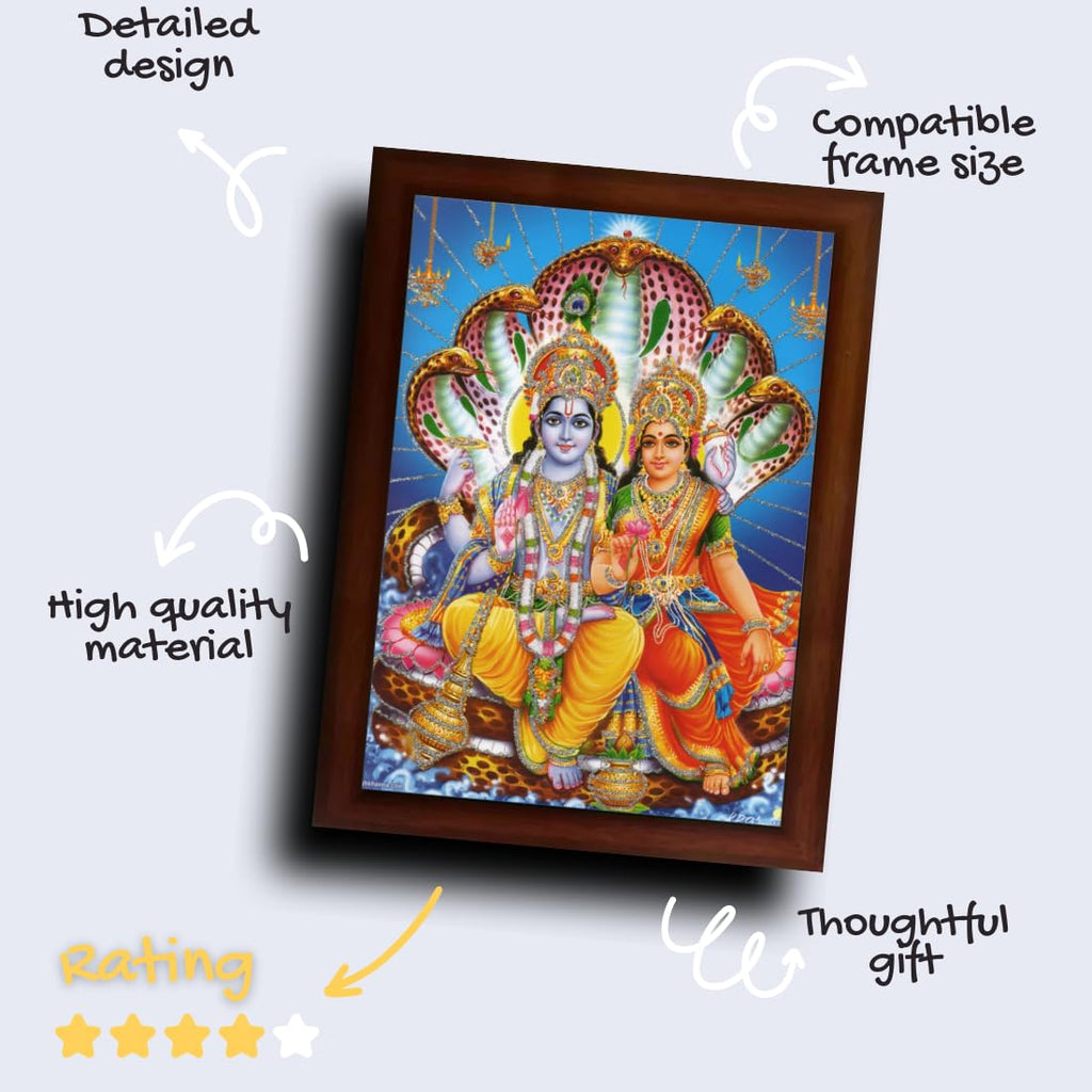 Craft Quest Lord Vishnu and Goddess Lakshmi Giving Blessing on shesh Naag, Glitter Work Painting with Brown Frame (14 X 10 Inches, Brown Wood)