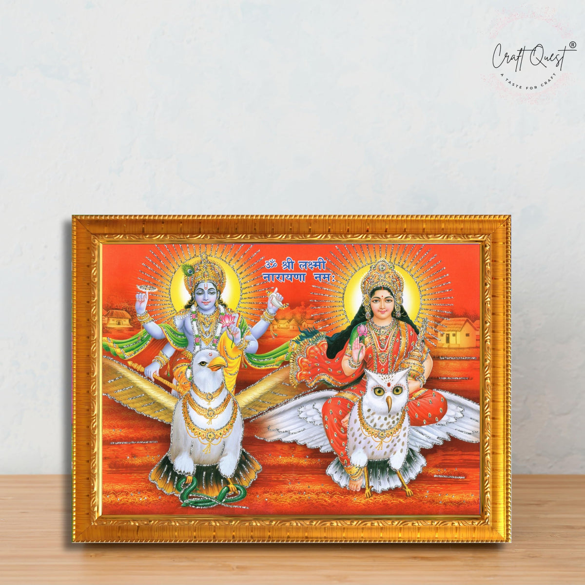 CRAFT QUEST Lord Vishnu and Goddess Lakshmi Giving Blessing on Garud Jii, Glitter Work Painting wooden frame