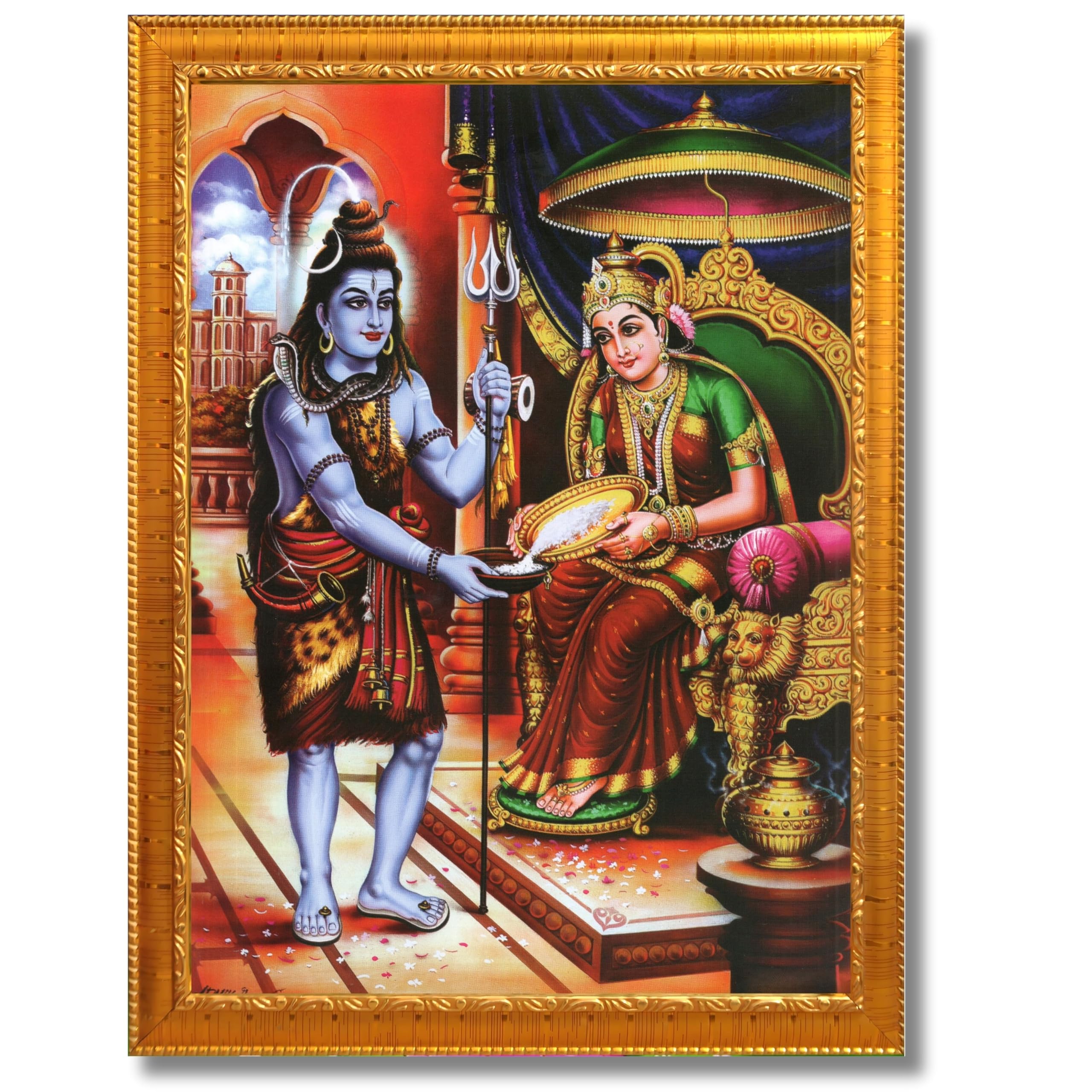CRAFT QUEST Shiva & Maa Annapurna devi sitting on throne photo frame with Acrylic Glass for Kitchen, Food & Prosperity Blessing Hindu Wall Decor