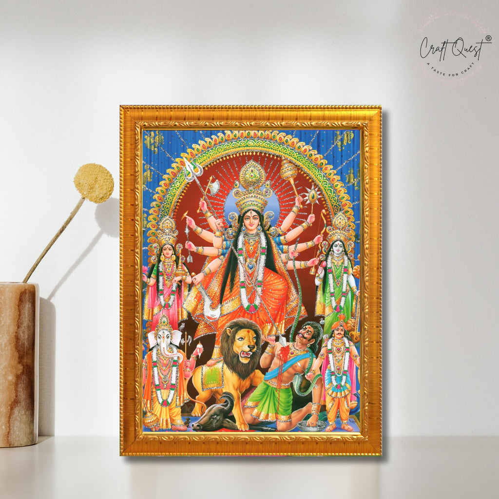 CRAFT QUEST Durga mata Mahishasura Mardini | Mahisasur Mardhini Durga Wall Painting Framed, Goddess Religious Painting