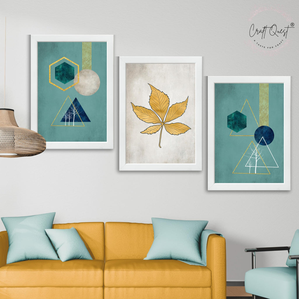 CRAFT QUEST Modern Art Shapes & Leaf Abstract | Set of 3 Frames for Home Decoration | Ideal for Living Room, Bedroom & Offices