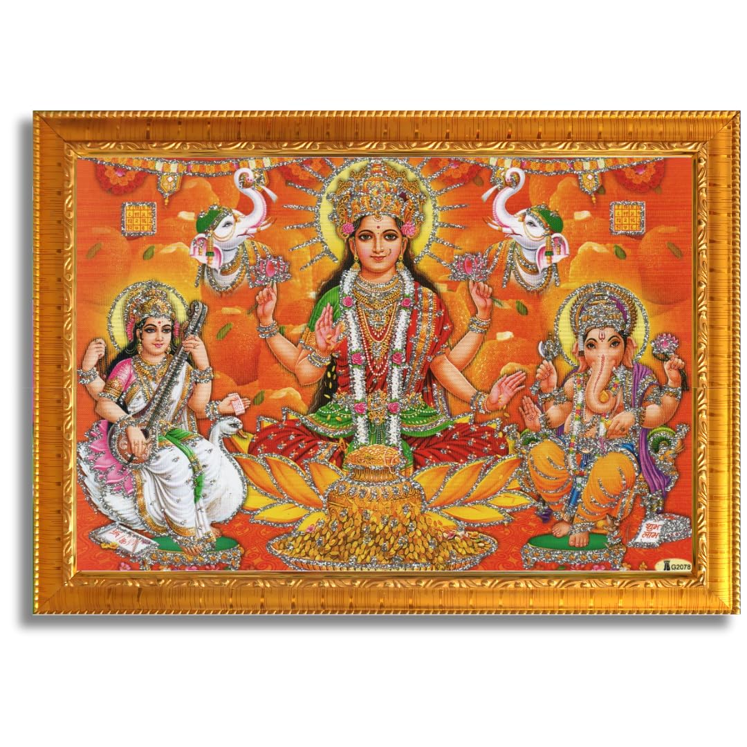 CRAFT QUEST Lakshmi Devi with ganesh ji and saraswati maa Wall Painting Frame Home Decor (Synthetic, Sparkle Finish, Large Size, Golden, 8 X 6 Inch)