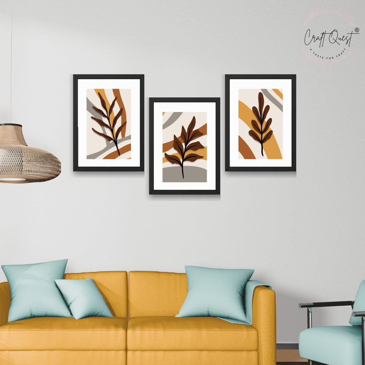 CRAFT QUEST Wall Art Decor Paintings | Set of 3 BOHO Wall Art Frames for Home Decoration | Ideal for Living Room, Bedrooms & Offices