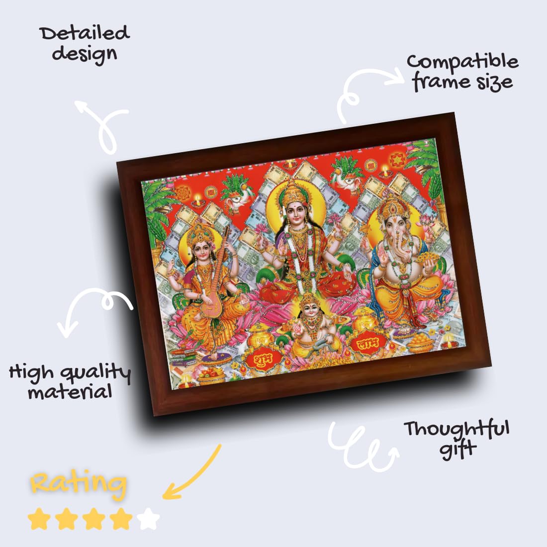 Craft Quest Goddess Lakshmi Devi with ganesh ji and saraswati maa Wall Painting Frame Home Decor Landscape (Synthetic, Matte Finish, Brown, Large Size, 14 X 10 Inch)