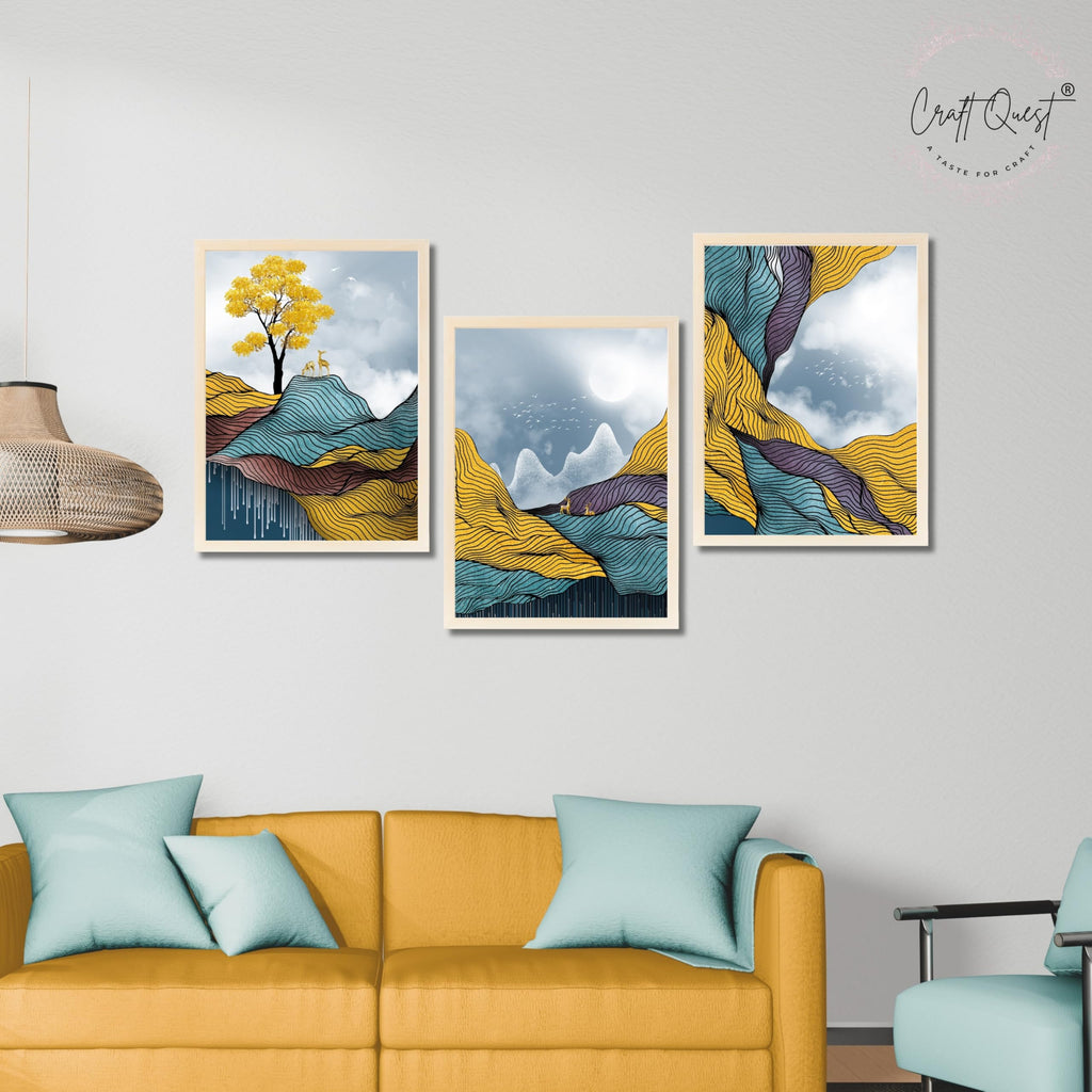 CRAFT QUEST Modern Abstract Landscape Art | Set of 3 Frames for Home Decoration | Ideal for Living Room, Bedroom & Offices