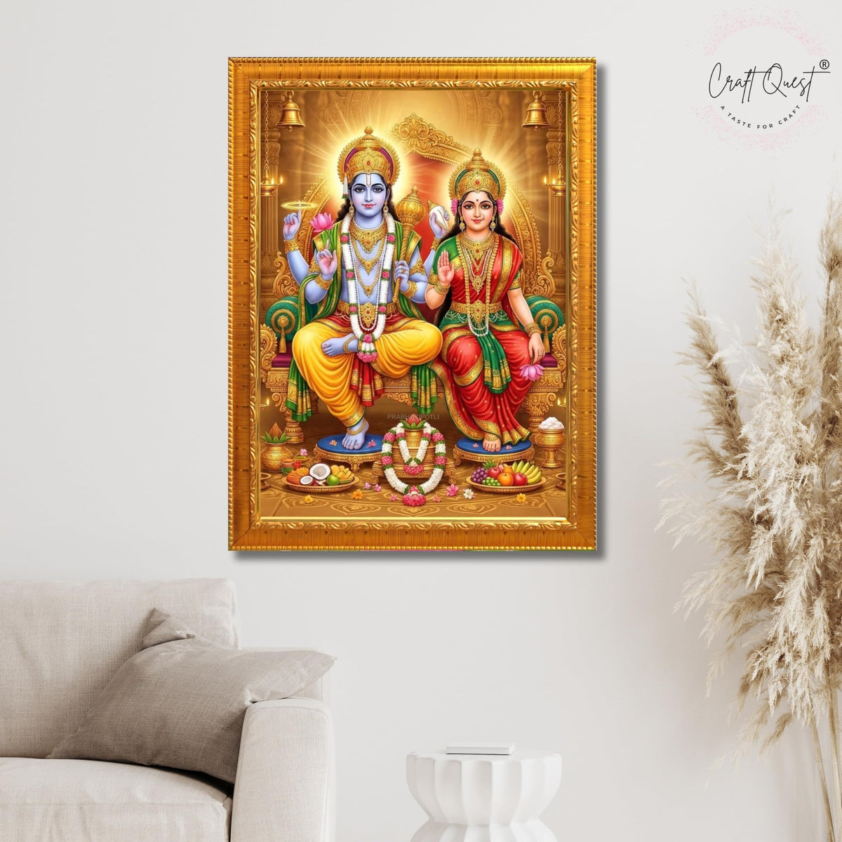 CRAFT QUEST Laxmi Vishnu Dev Lakshmi Devi Laxmi Narayan Ji Wall Painting Framed Home Decor, Religious Photo Frame