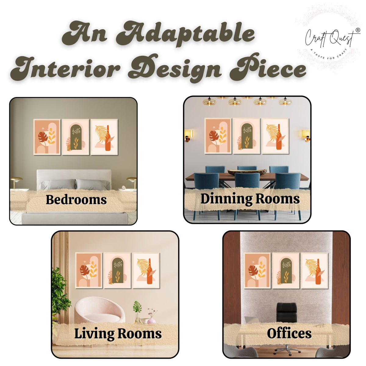 CRAFT QUEST Wall Art Decor Paintings | Set of 3 BOHO Wall Art Frames for Home Decoration | Ideal for Living Room, Offices & Bedrooms
