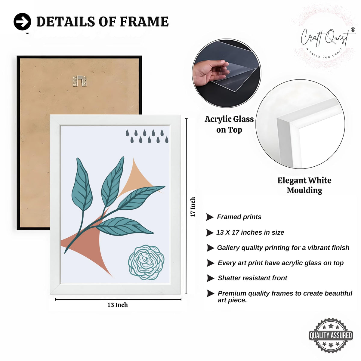 CRAFT QUEST Nature Inspired Botanical Wall Art Abstract Leaves Wall Art | Set of 3 Frames for Home Decoration | Ideal for Living Room, Bedroom & Office