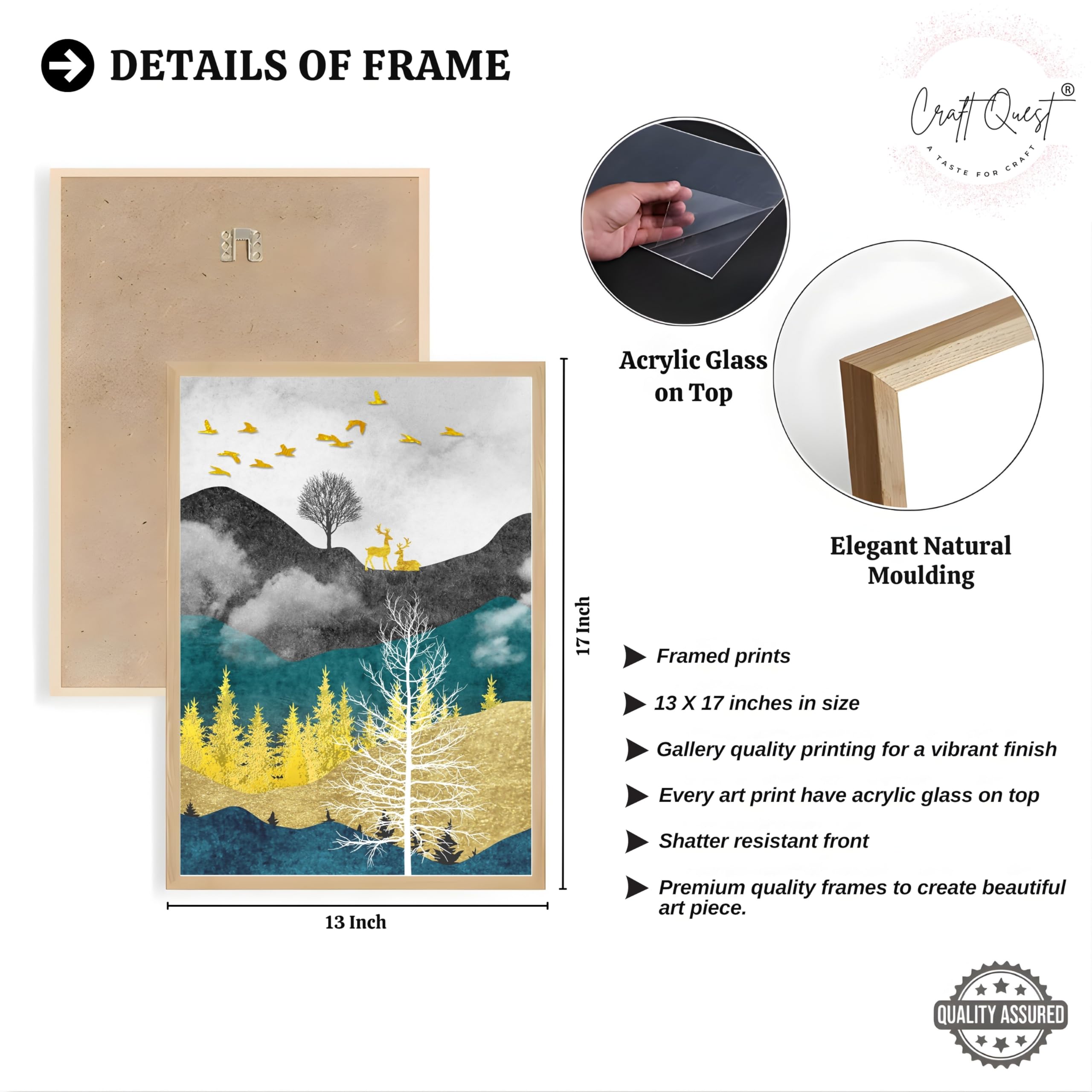 CRAFT QUEST Artistic Composed Abstract Geometric Gold Lines | Set of 3 Frames for Home Decoration | Ideal for Living Room, Bedroom & Offices
