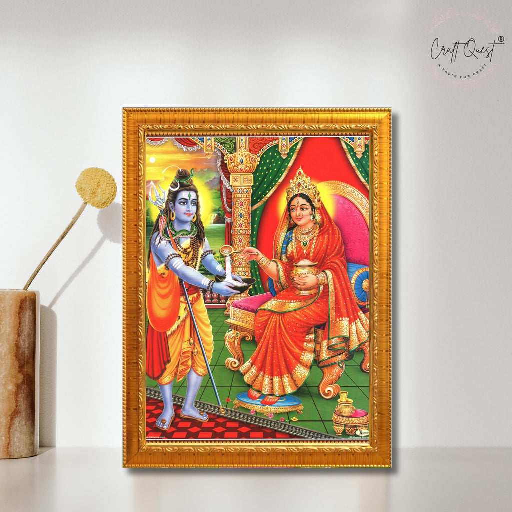 CRAFT QUEST Shiva & Maa Annapurna devi sitting on throne photo frame with with Acrylic glass, for Kitchen Worship