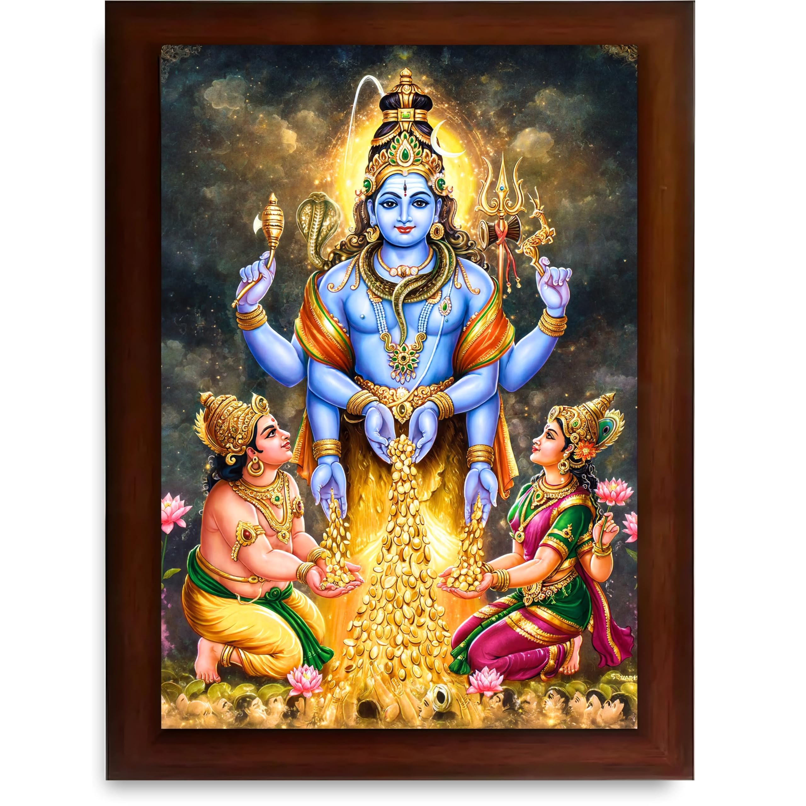 CRAFT QUEST Lord Swarnakarshana Bhairava Swamy With Lakshmi Devi and Kuber Bhagwan Religious Wall Photo Frame |Dhan Bhairav Frame for Home, Office, Temple & Gifting