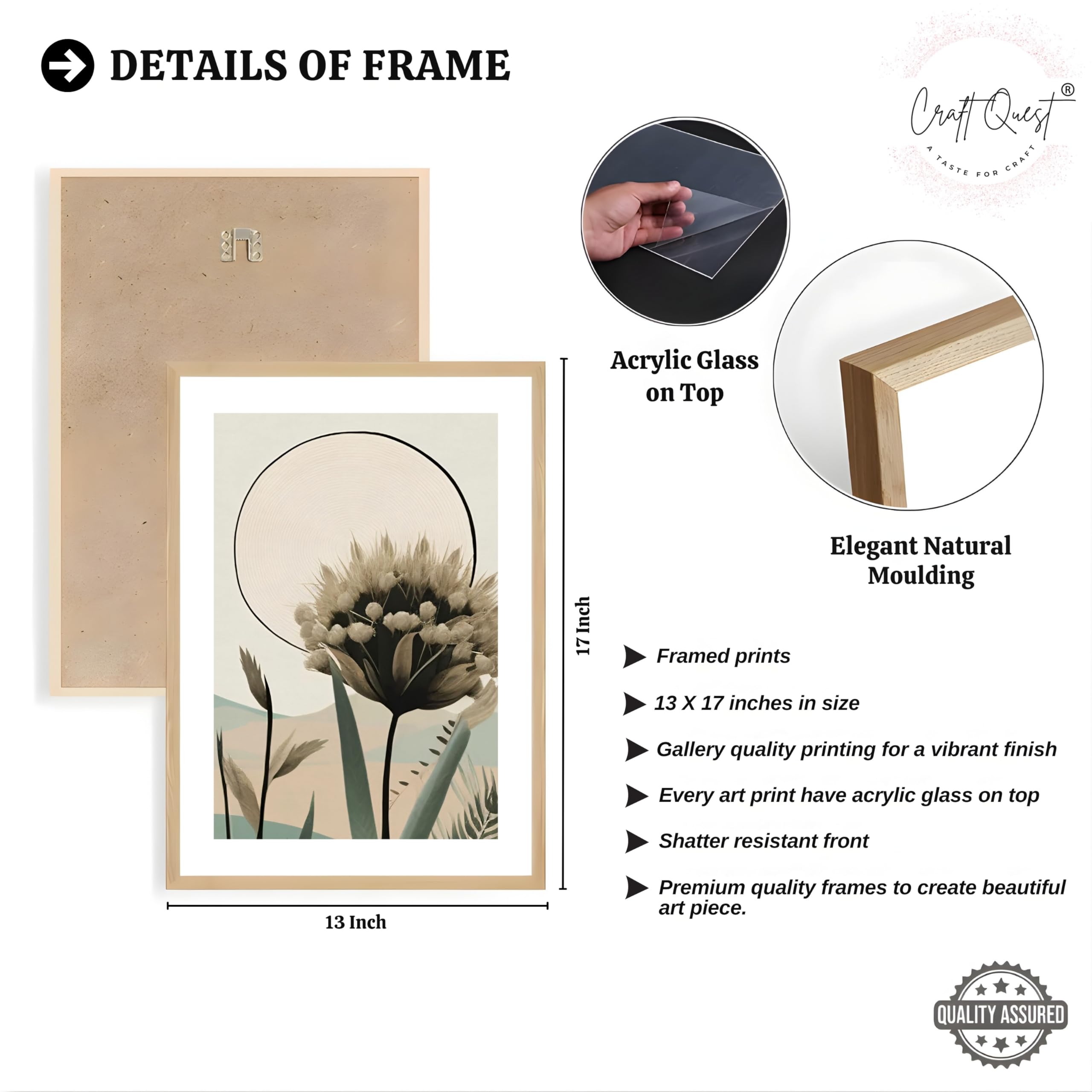CRAFT QUEST Boho Abstract Flowers & Leaves | Set of 3 Frames for Home Decoration | Ideal for Living Room, Bedroom & Offices