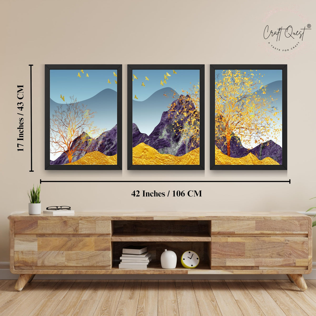 CRAFT QUEST Modern Art Abstract Porch Golden Trees Wall Art | Set of 3 Frames for Home Decoration | Ideal for Living Room, Bedroom & Offices