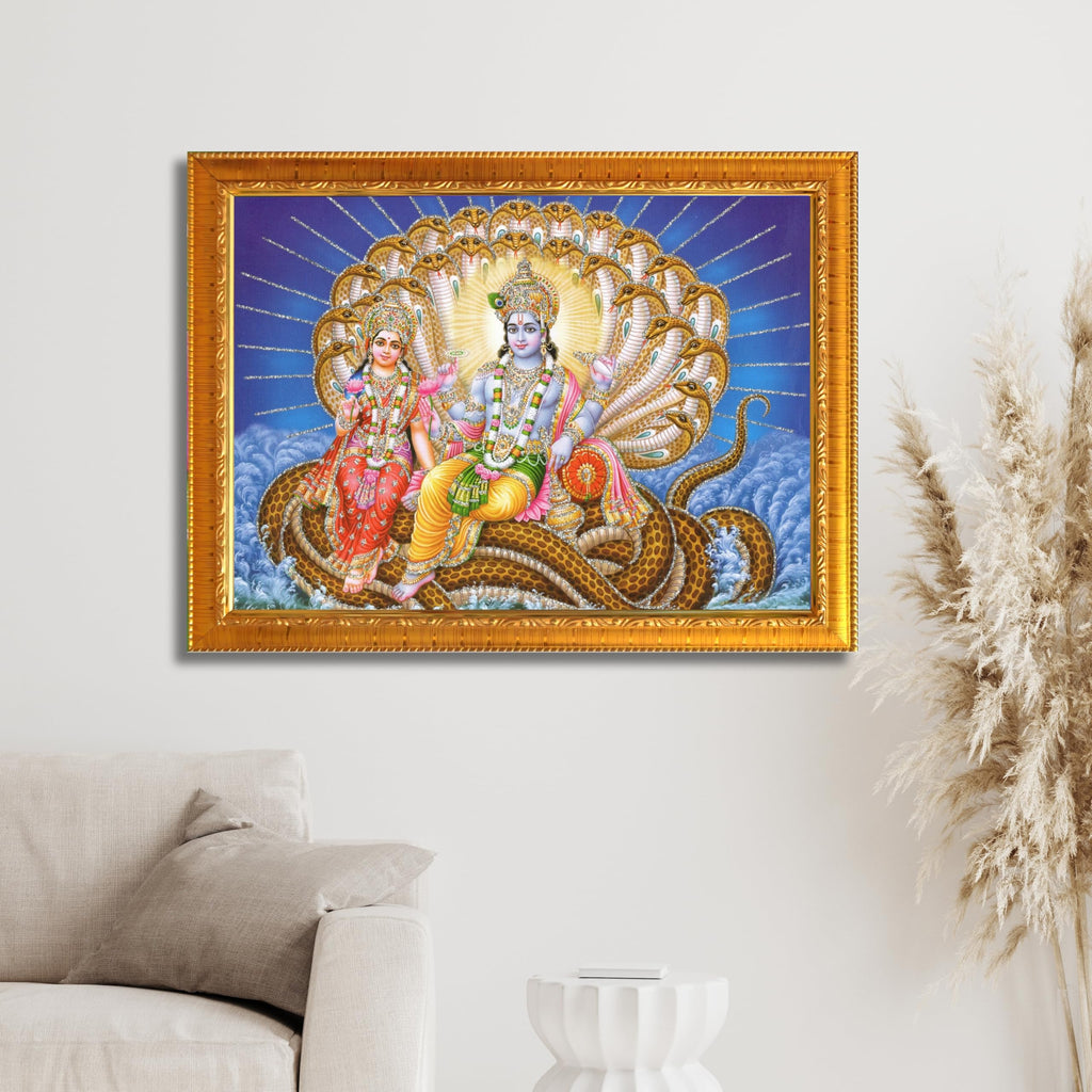 CRAFT QUEST Goddess Lakshmi pressing legs of lord Vishnu on Shesh naag, Glitter Work Painting