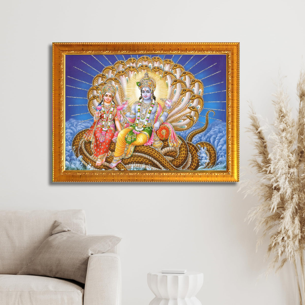 CRAFT QUEST Goddess Lakshmi pressing legs of lord Vishnu on Shesh naag, Glitter Work Painting
