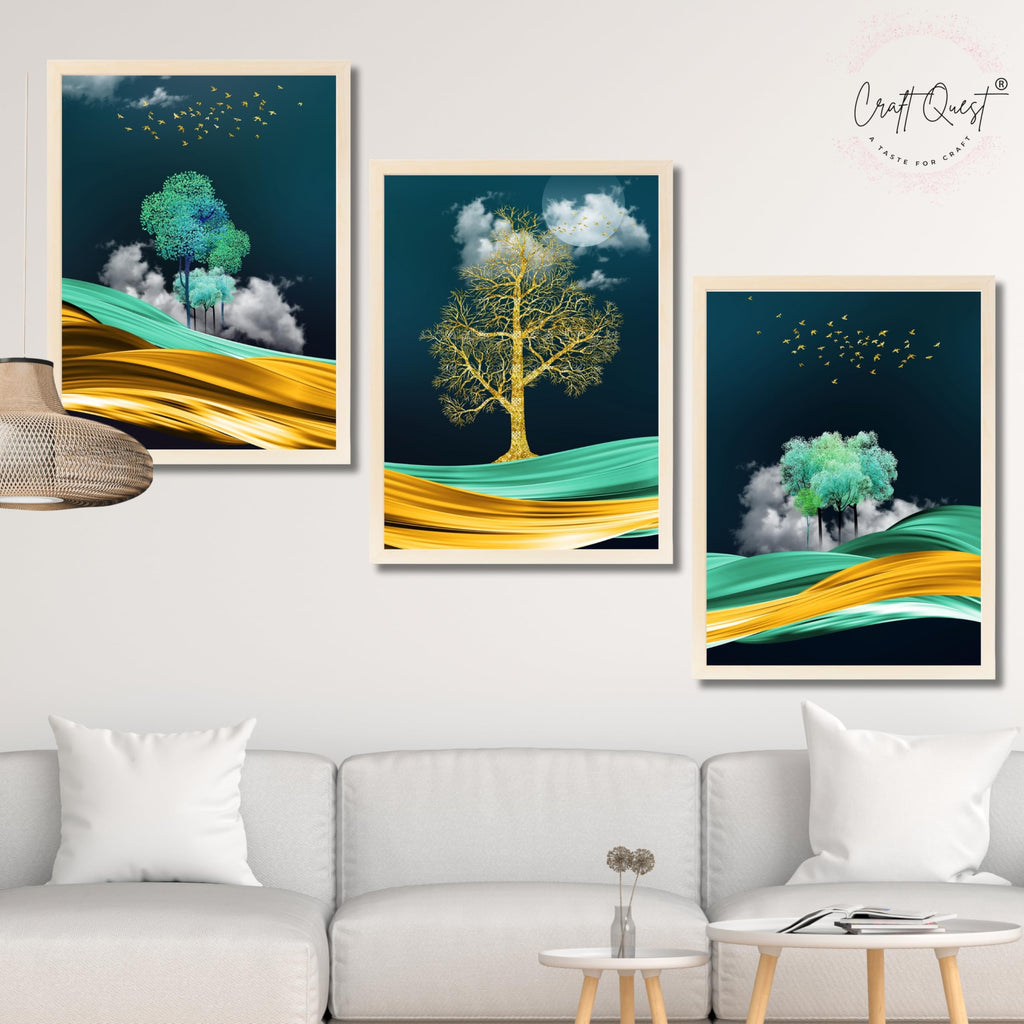CRAFT QUEST Modern Art Mural With Golden Tree & Birds Wall Art | Set of 3 Frames for Home Decoration | Ideal for Living Room, Bedroom & Offices