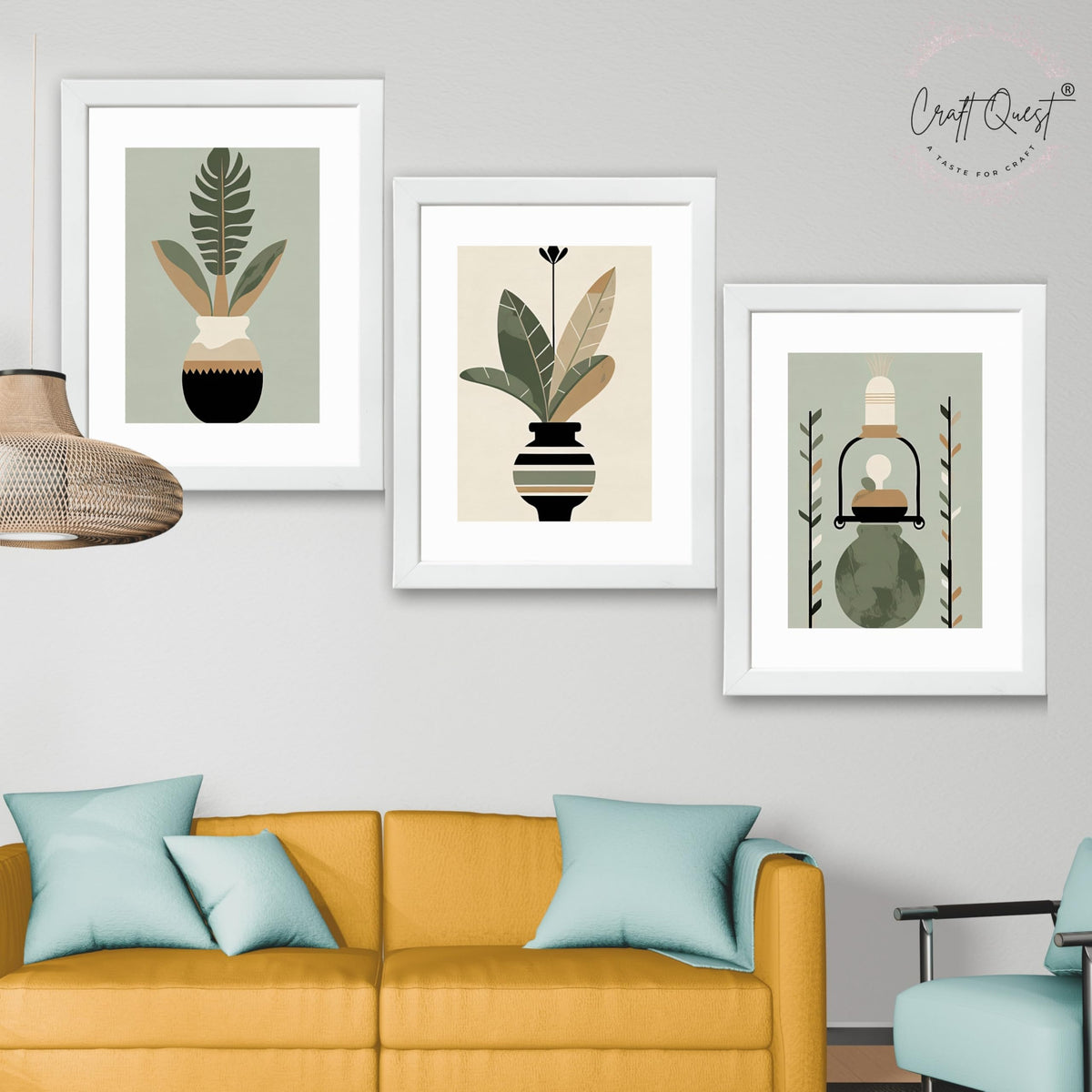 CRAFT QUEST Boho Leaves & Flowers Geometric Abstract | Set of 3 Frames for Home Decoration | Ideal for Living Room, Bedroom & Offices