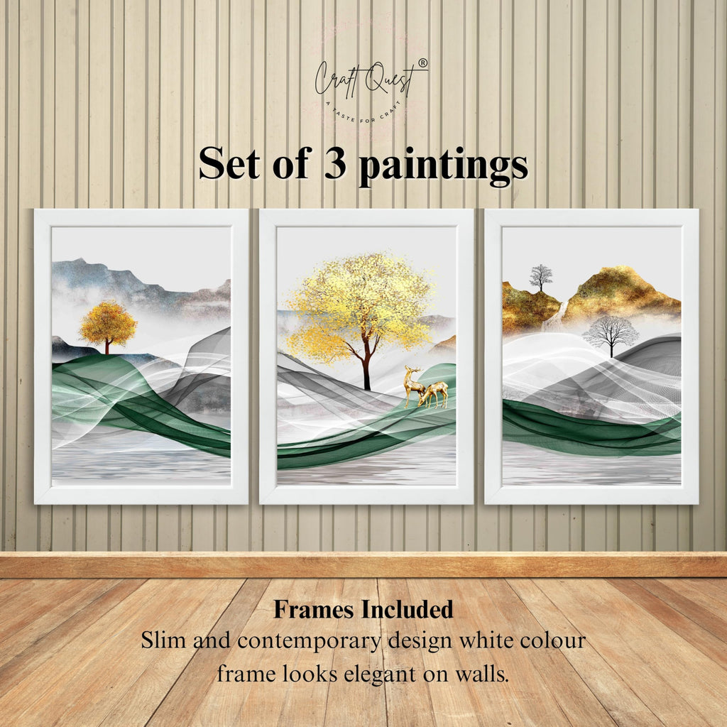 CRAFT QUEST Modern Art Landscapes Abstract Of Moose Golden Mural Wall Art | Set of 3 Frames for Home Decoration | Ideal for Living Room, Bedroom & Offices