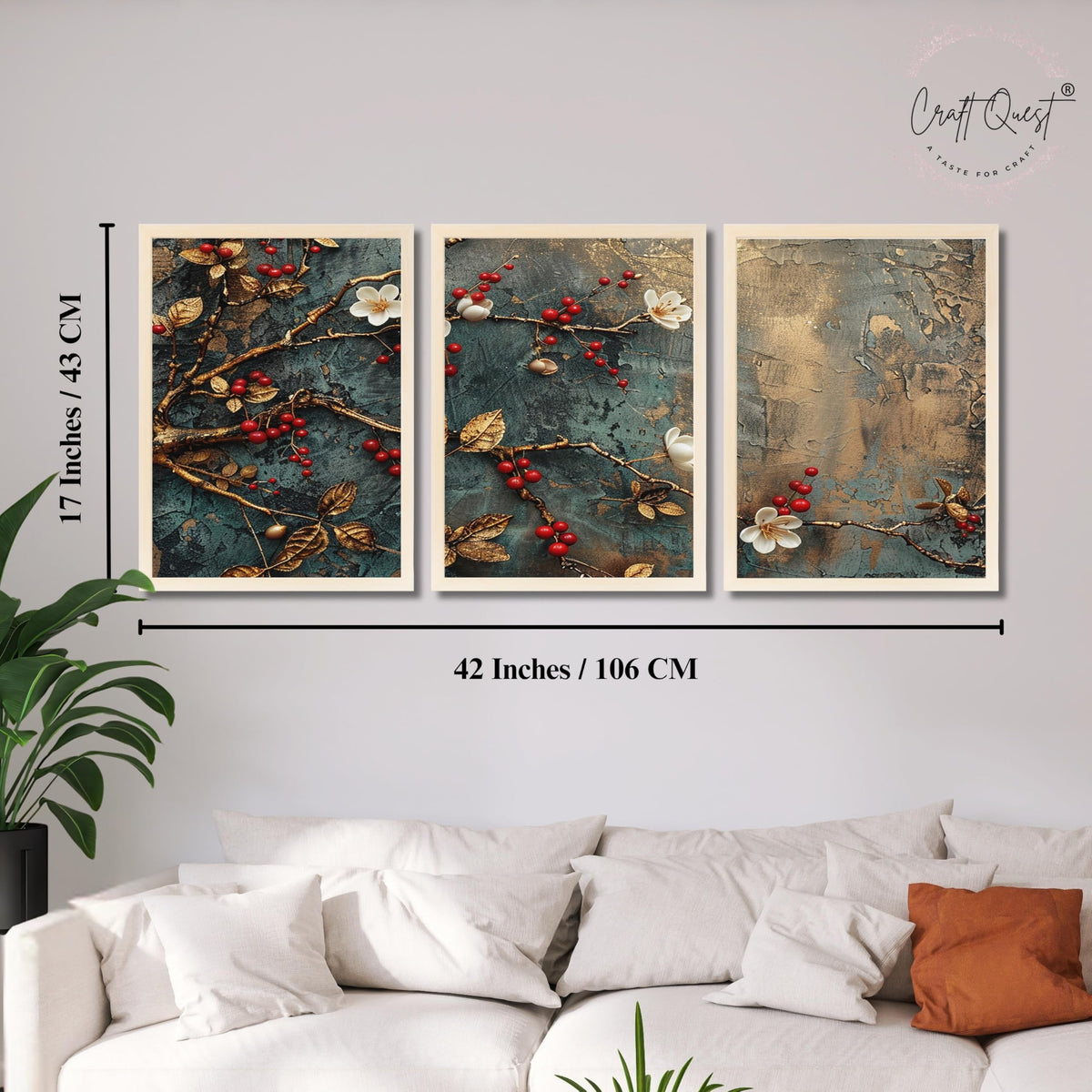 CRAFT QUEST Nature Inspired Modern Wall Art | Set of 3 Frames for Home Decoration | Ideal for Living Room, Bedroom & Offices