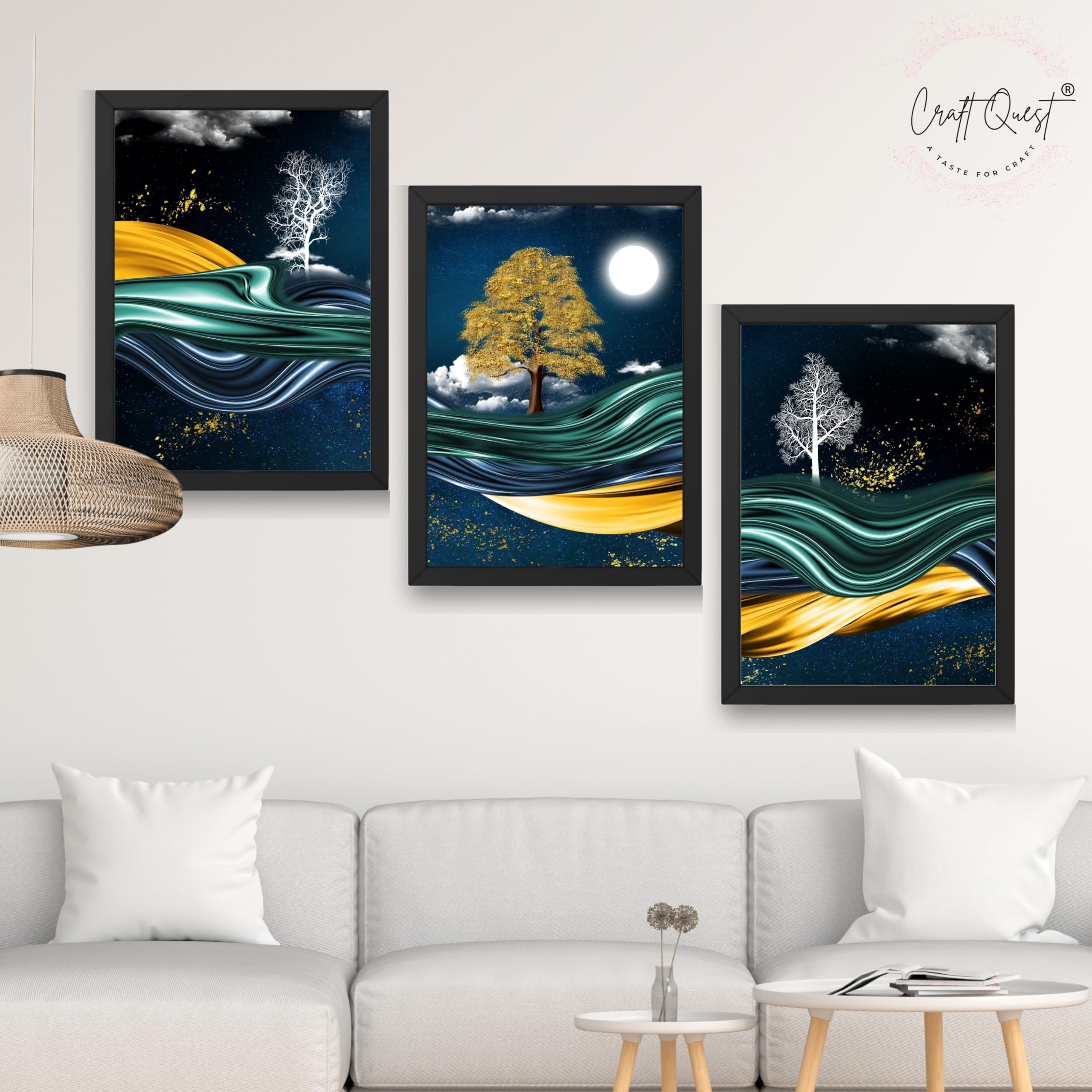 CRAFT QUEST Modern Art With Dark Blue Background & Golden Tree Wall Art | Set of 3 Frames for Home Decoration | Ideal for Living Room, Bedroom & Offices