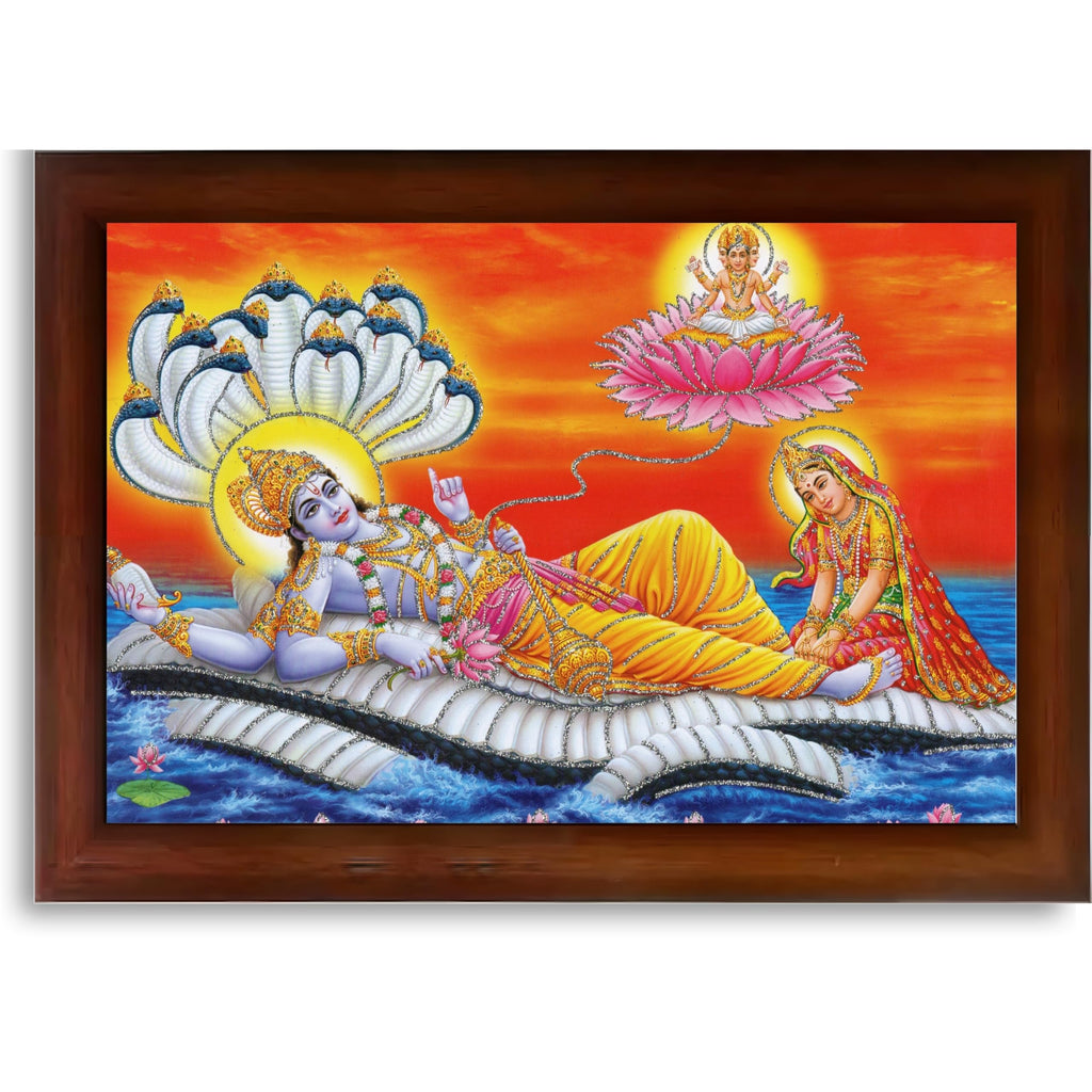 CRAFT QUEST Lord Vishnu and Goddess Lakshmi Giving Blessing on Shesh naag, landscape Glitter Work Painting Synthetic Wood Frame