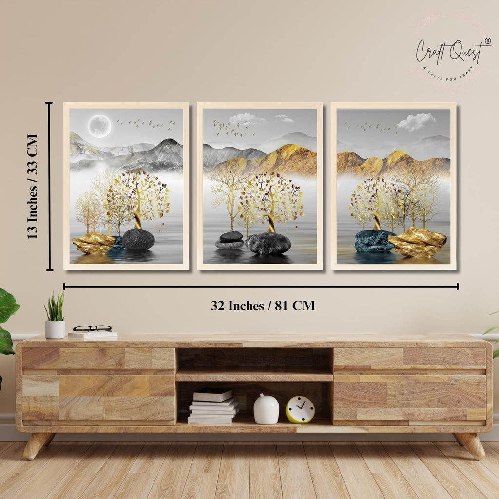 CRAFT QUEST Modern Art Landscape Golden Tree,Birds & Mountains Wall Art | Set of 3 Frames for Home Decoration | Ideal for Living Room, Bedroom & Offices