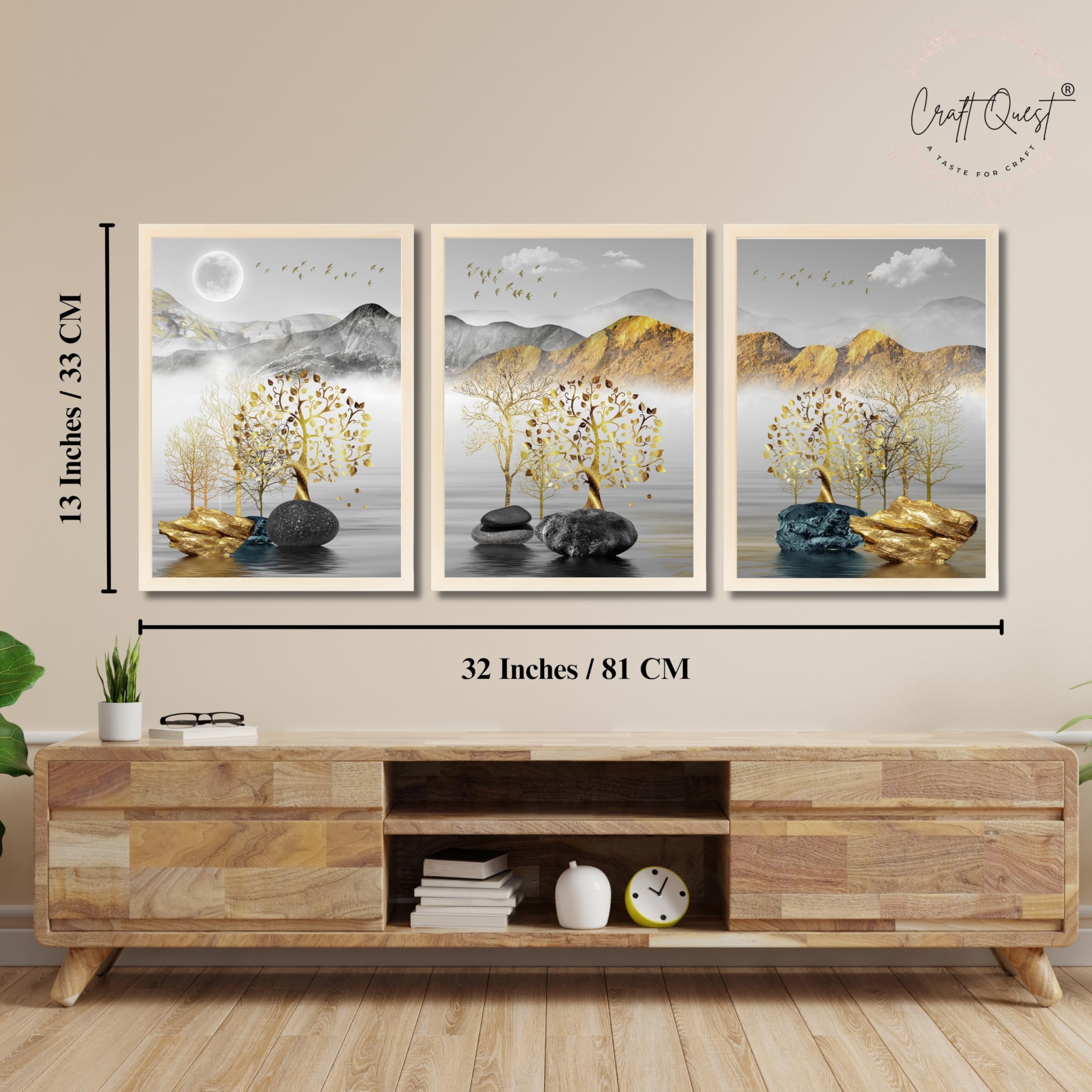 CRAFT QUEST Modern Art Landscape Golden Tree,Birds & Mountains Wall Art | Set of 3 Frames for Home Decoration | Ideal for Living Room, Bedroom & Offices