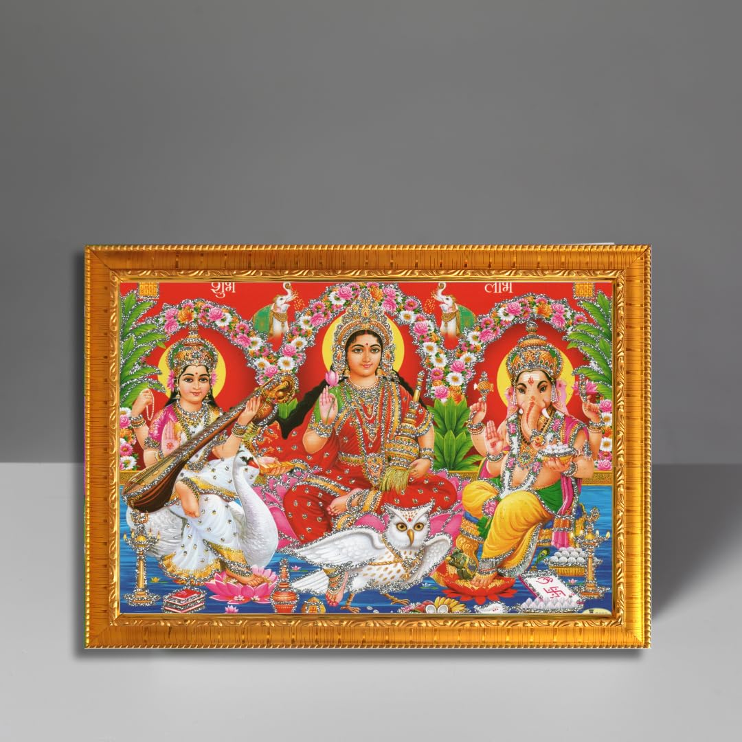 CRAFT QUEST Lakshmi Devi with ganesh ji and saraswati maa Wall Painting Frame Home Decor (Synthetic, Sparkle Finish, Golden, Small Size, 6 X 8 Inch)