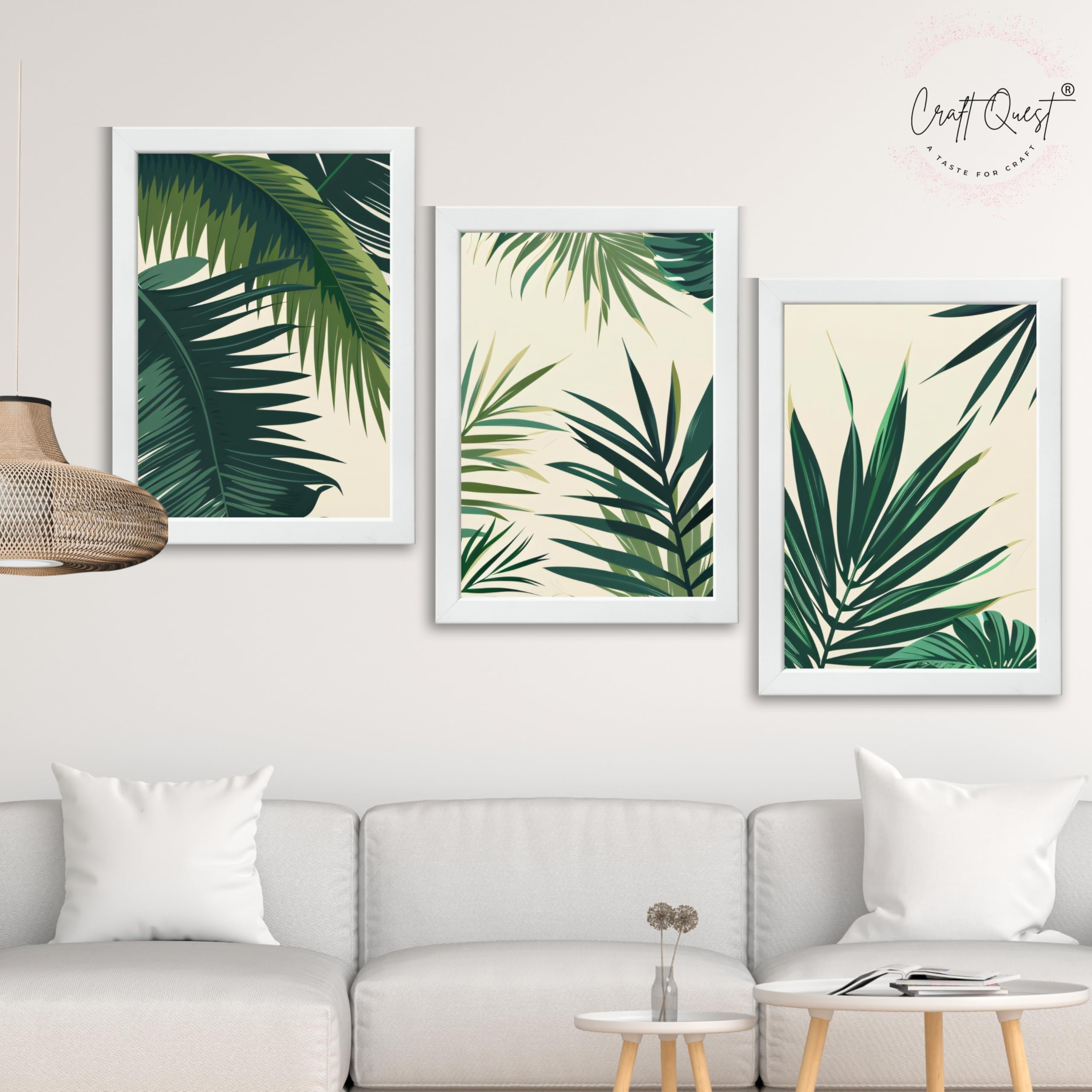 CRAFT QUEST Nature Inspired Tropical Palm Leaves Modern Wall Art | Set of 3 Frames for Home Decoration | Ideal for Living Room, Bedroom & Offices
