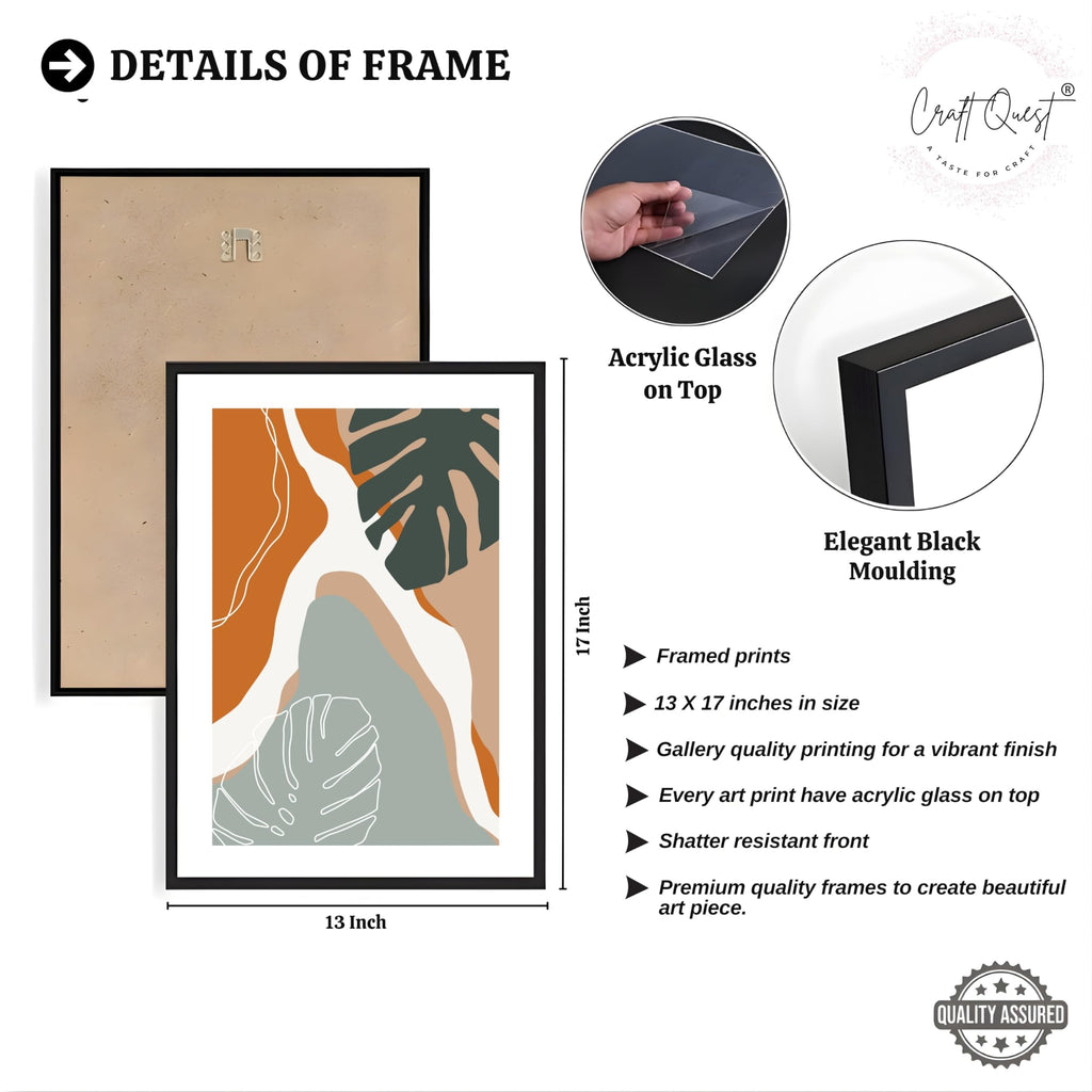 CRAFT QUEST SET OF 3 Organic Modern Leaf Wall Art | Set of 3 Frames for Home Decoration | Ideal for Living Room, Bedroom & Offices