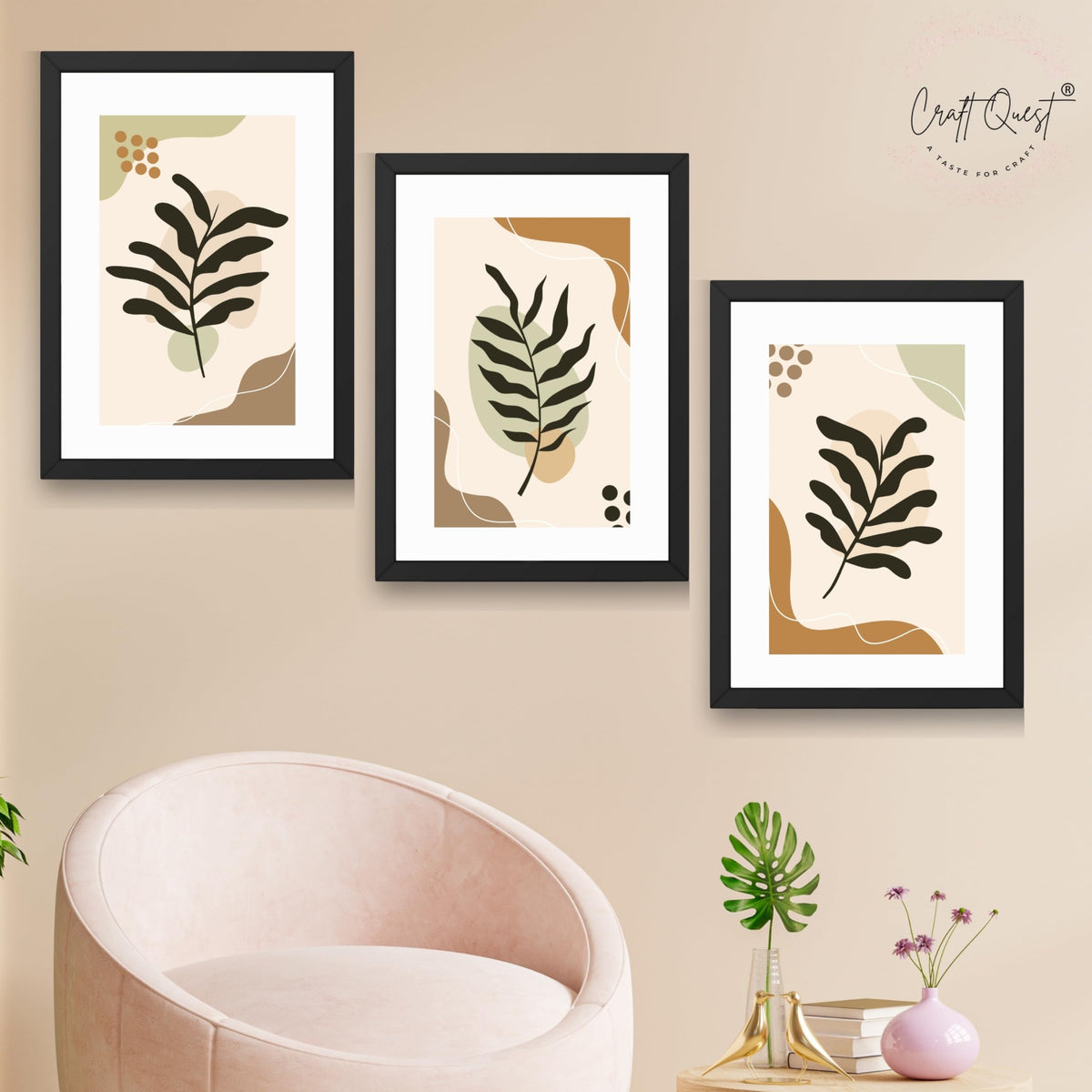 CRAFT QUEST Wall Art Decor Paintings | Set of 3 BOHO Wall Art Frames for Home Decoratio | Ideal for Living Room, Offices & Bedroom