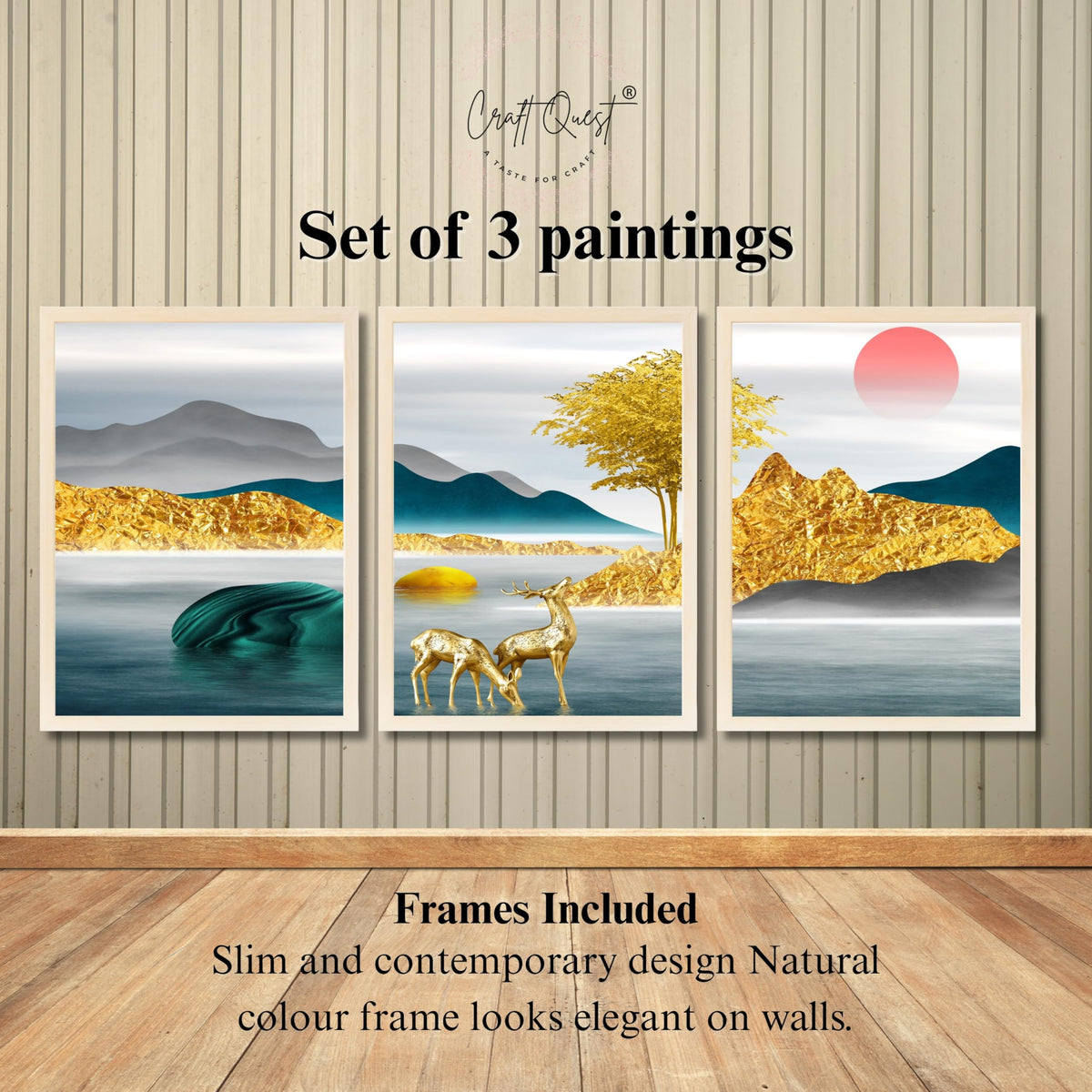 CRAFT QUEST Modern Art Landscapes Sanlian Abstract Wall Art | Set of 3 Frames for Home Decoration | Ideal for Living Room, Bedroom & Offices