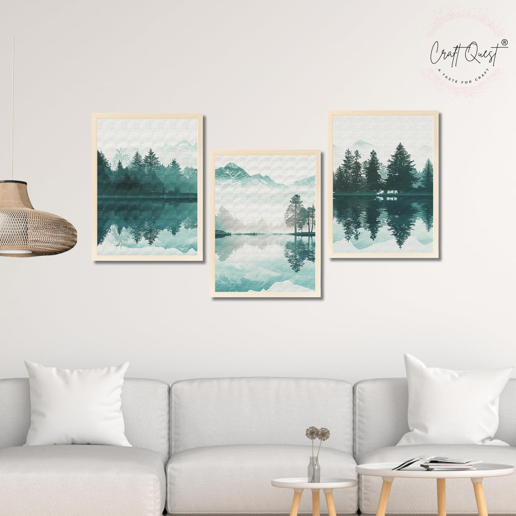 CRAFT QUEST Nature Inspired Series Paintings With Trees & Mountains Wall Art | Set of 3 Frames for Home Decoration | Ideal for Living Room, Bedroom & Offices