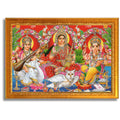 CRAFT QUEST Lakshmi Devi with ganesh ji and saraswati maa Wall Painting Frame Home Decor (Synthetic, Sparkle Finish, Golden, Small Size, 6 X 8 Inch)