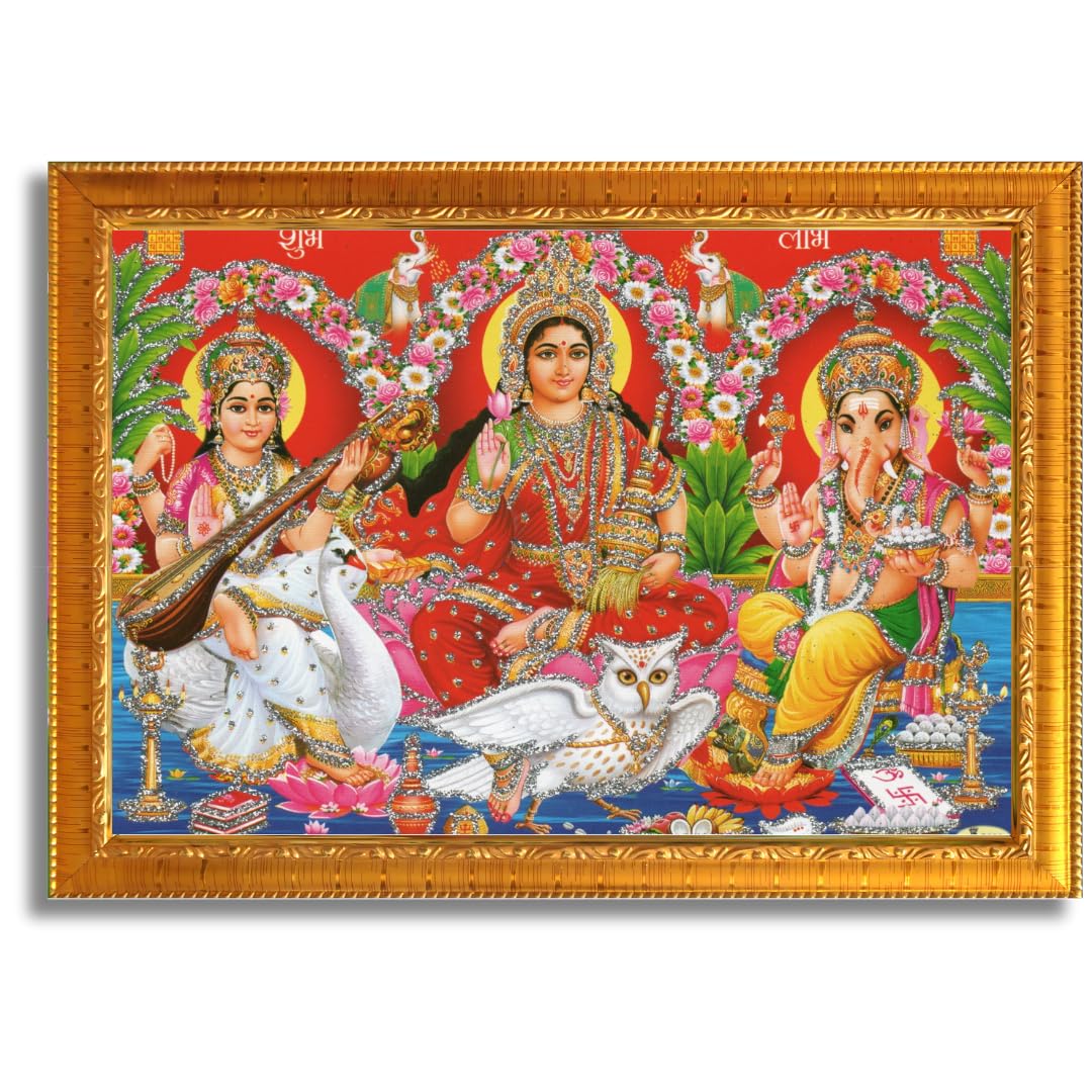 CRAFT QUEST Lakshmi Devi with ganesh ji and saraswati maa Wall Painting Frame Home Decor (Synthetic, Sparkle Finish, Golden, Small Size, 6 X 8 Inch)