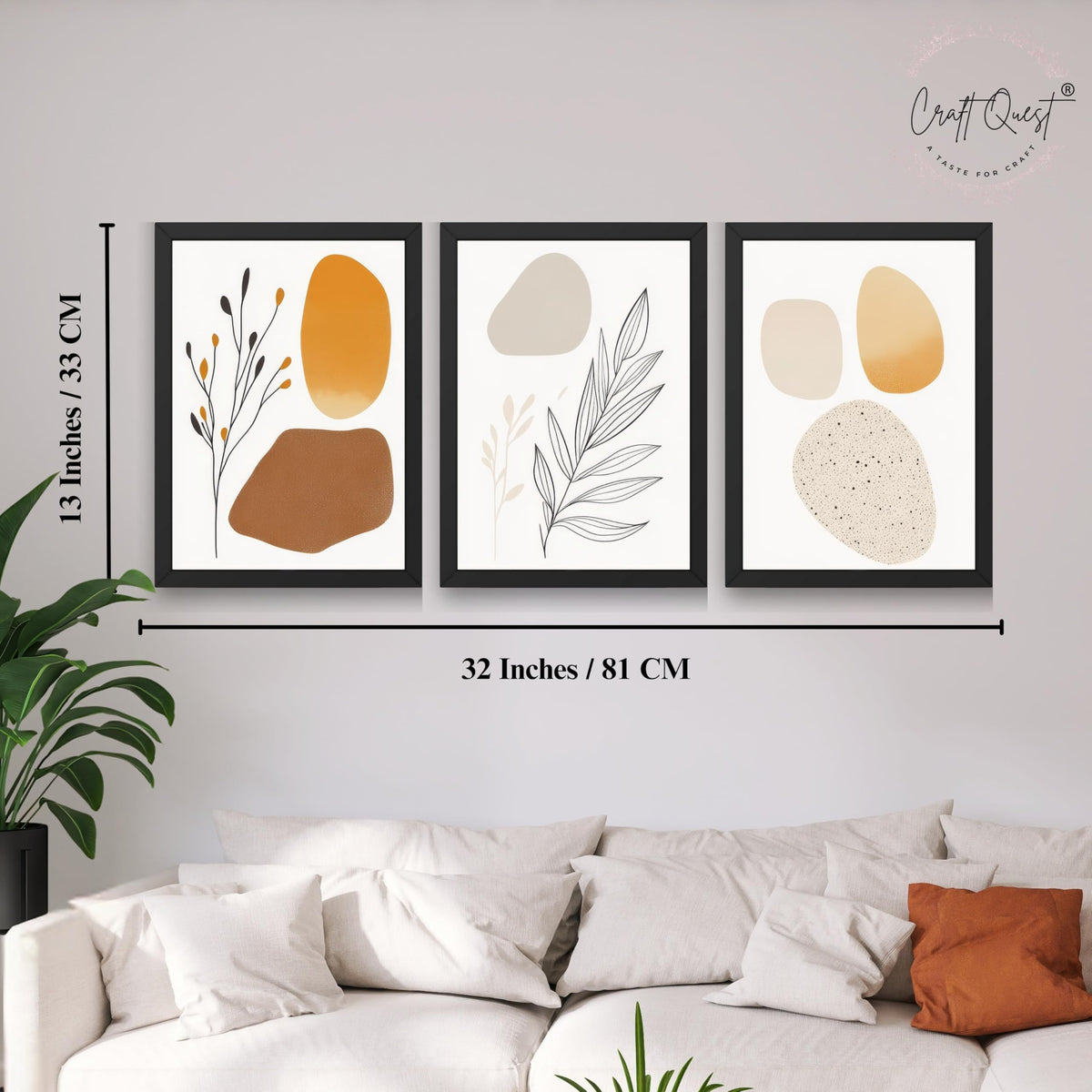 CRAFT QUEST SET OF 3 Organic Abstract Modern Wall Art | Set of 3 Frames for Home Decoration | Ideal for Living Room, Bedroom & Offices