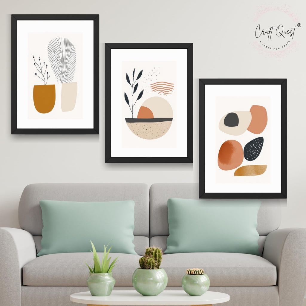CRAFT QUEST Contemporary Organic Abstract Wall Art | Set of 3 Frames for Home Decoration | Ideal for Living Room, Bedroom & Offices