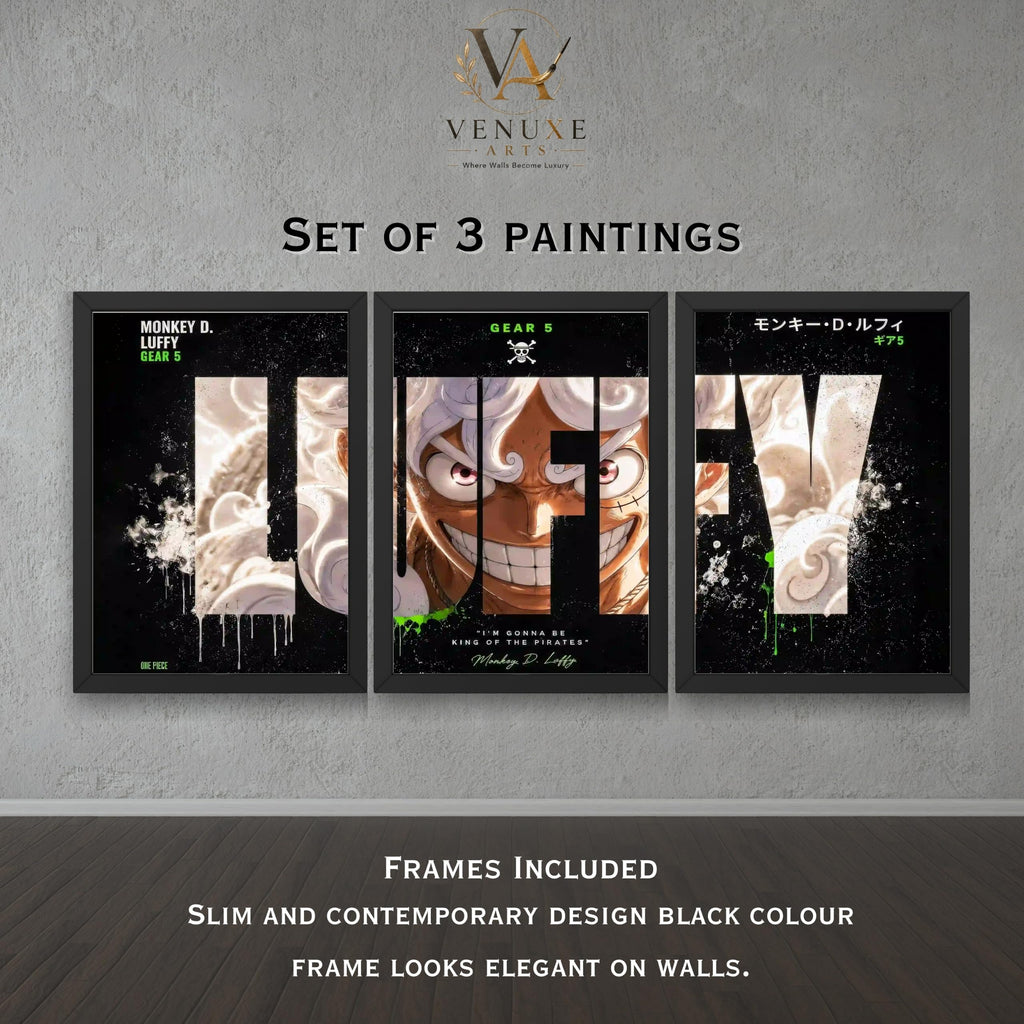 VENUXE ARTS Set Of 3 Anime Characters Wall Framed |Anime Characters Framed Poster for Living Room Bedroom Gaming Room Studio Wall Decor
