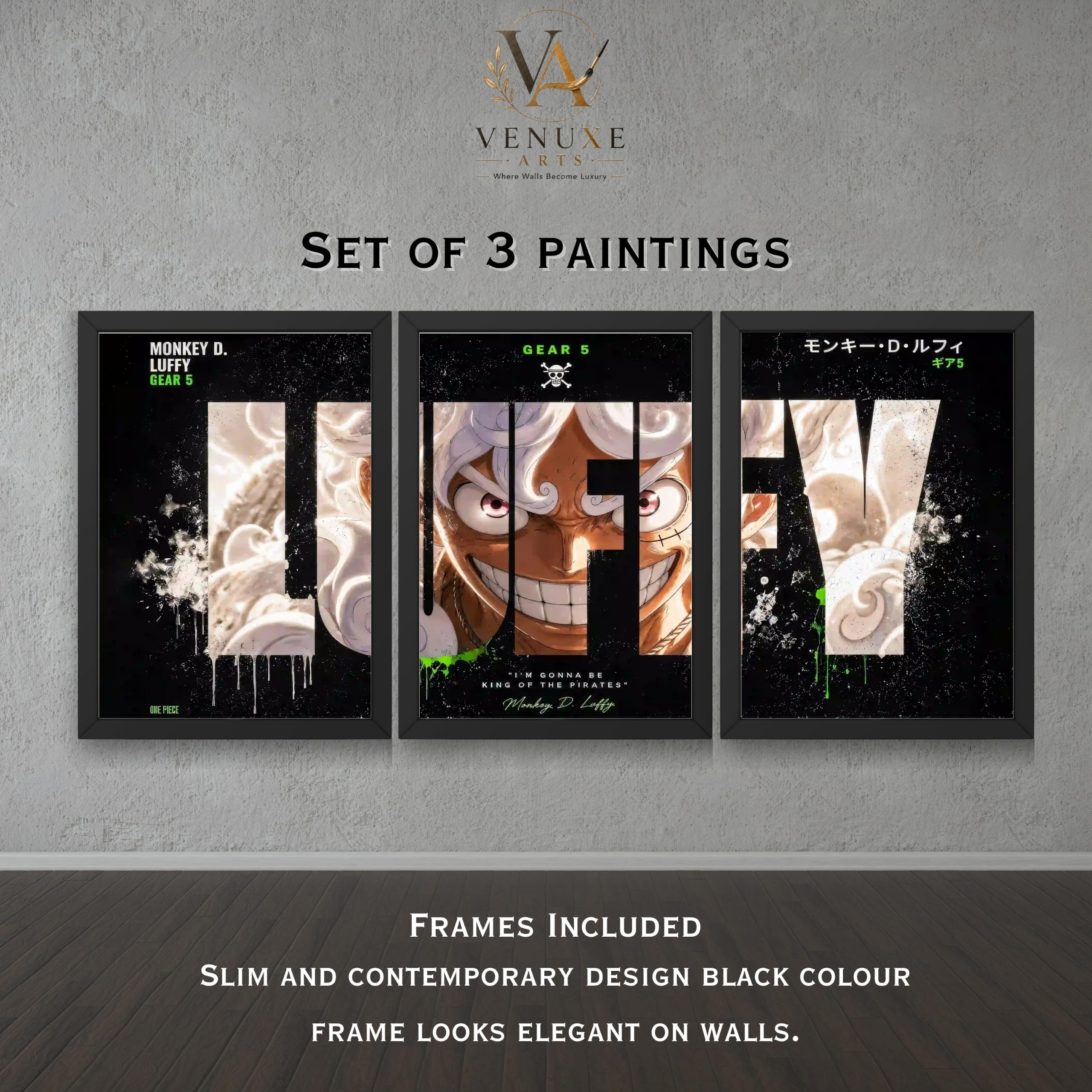 VENUXE ARTS Set Of 3 Anime Characters Wall Framed |Anime Characters Framed Poster for Living Room Bedroom Gaming Room Studio Wall Decor