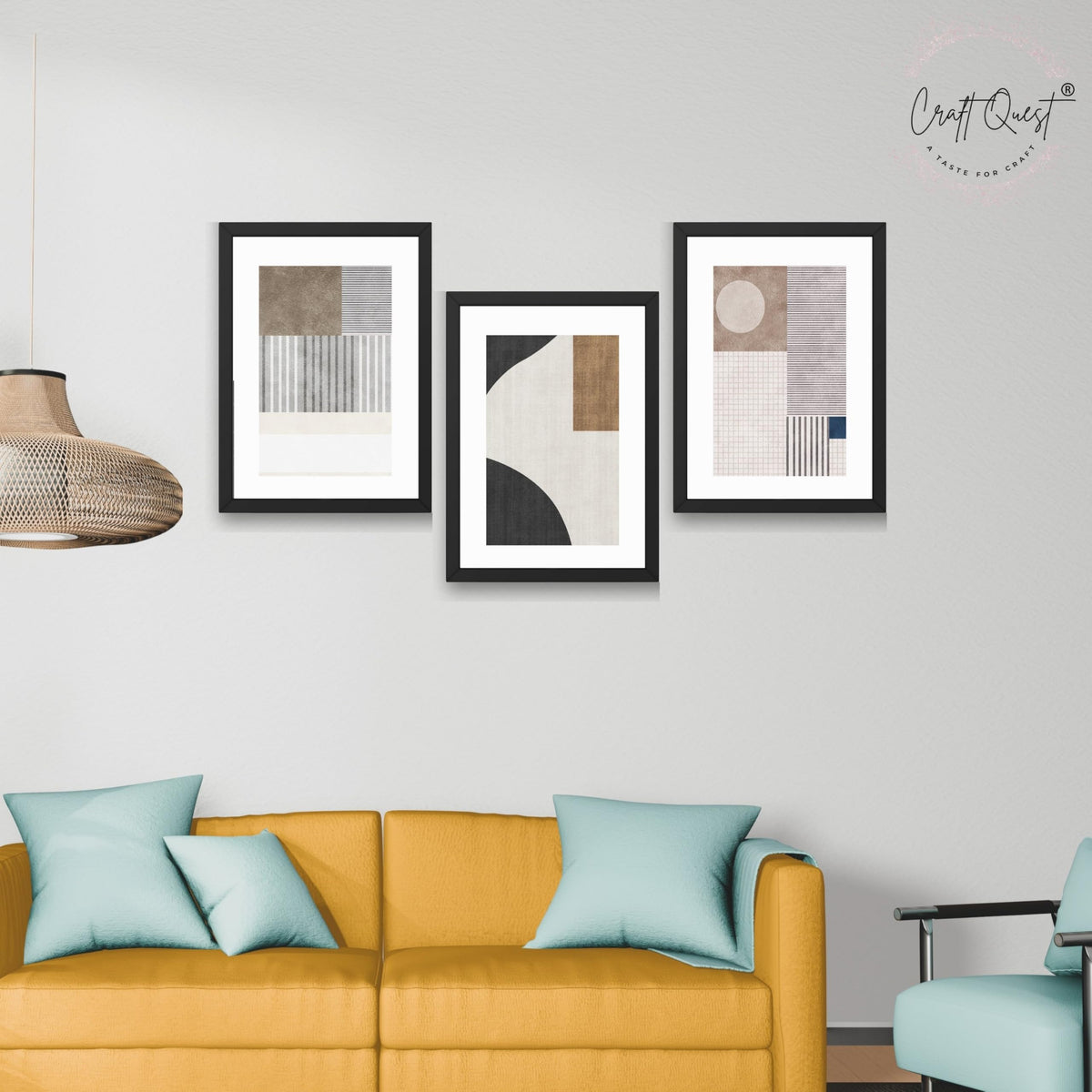 CRAFT QUEST Abstract Geometric Art Painting | Set of 3 Frames for Home Decoration | Ideal for Living Room, Bedroom & Offices