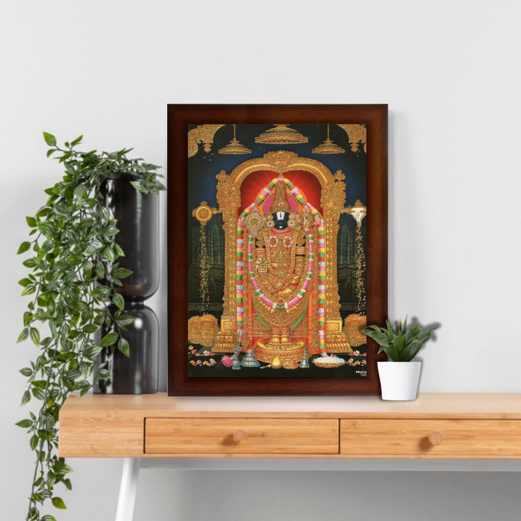 CRAFT QUEST Tirupati Balaji Lord Venkateshwara Swamy Wall Painting Framed Home Decor (Wood,Matte,Brown,Big Size,10 X 14 Inches)