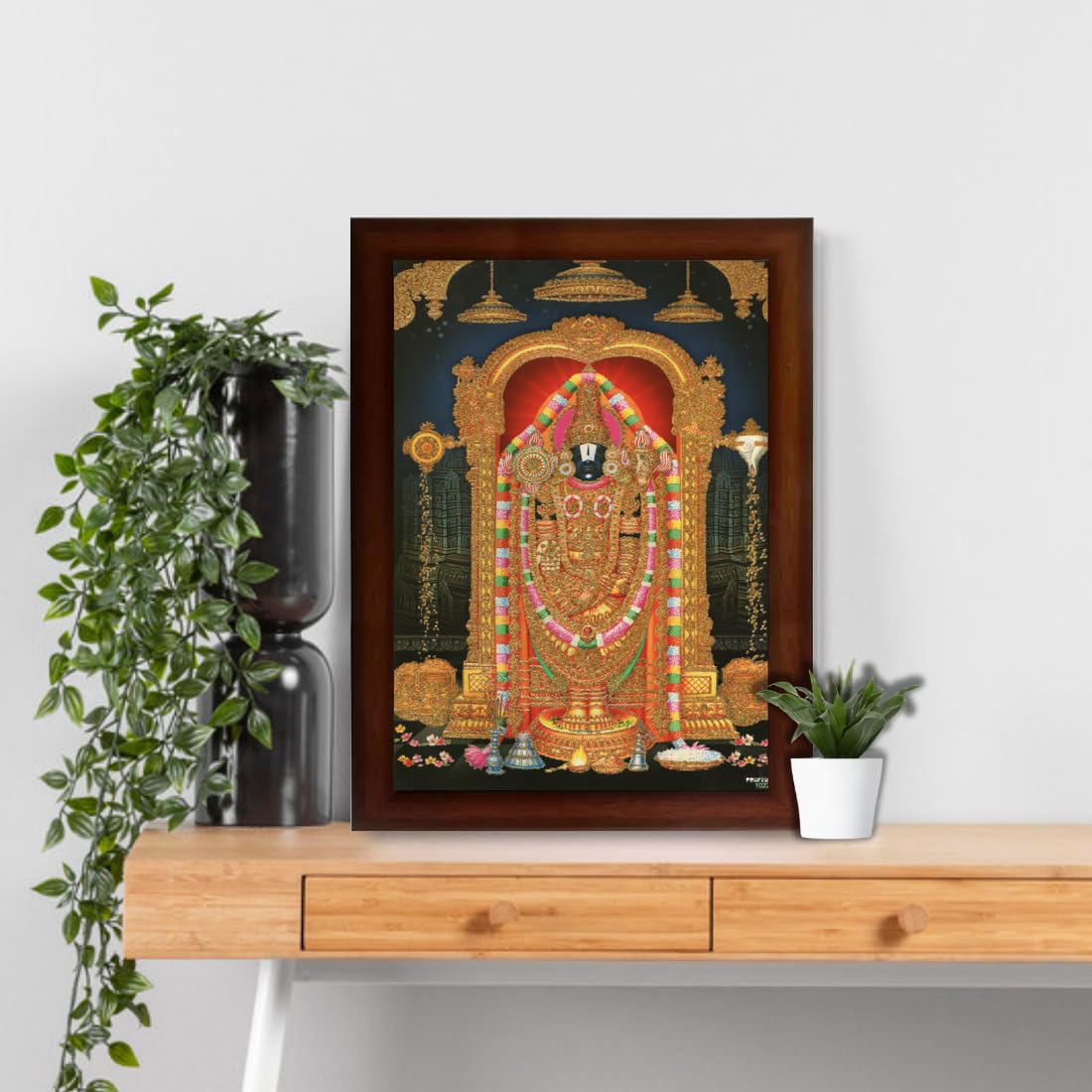 CRAFT QUEST Tirupati Balaji Lord Venkateshwara Swamy Wall Painting Framed Home Decor (Wood,Matte,Brown,Big Size,10 X 14 Inches)